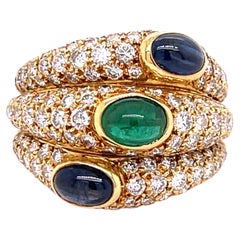 Retro Cartier Tri Pave Cabochon Ring Yellow Gold