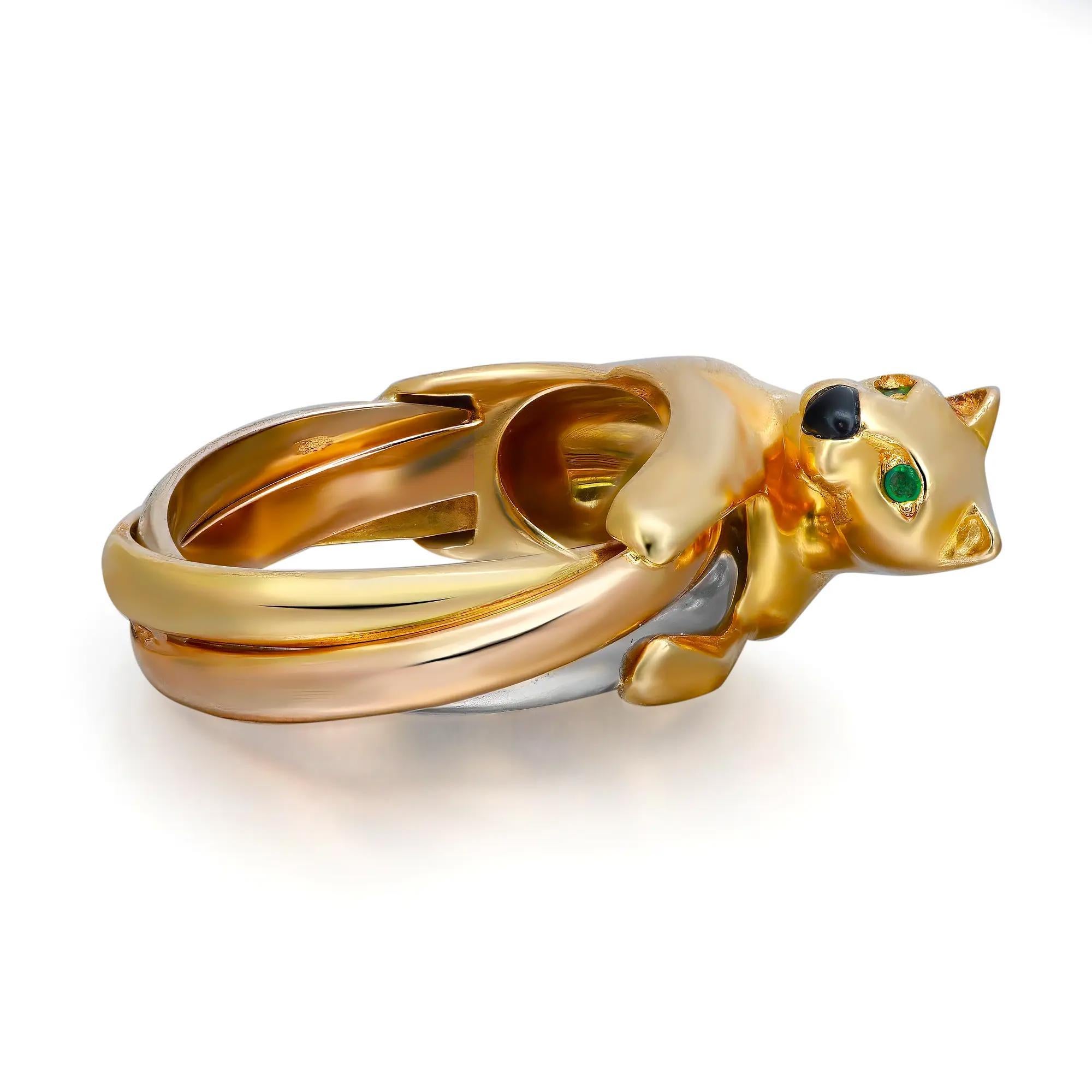 Round Cut Cartier Tri Tone Panthere Emerald Onyx Ring 18K Yellow Gold Size 51 US 5.5 For Sale