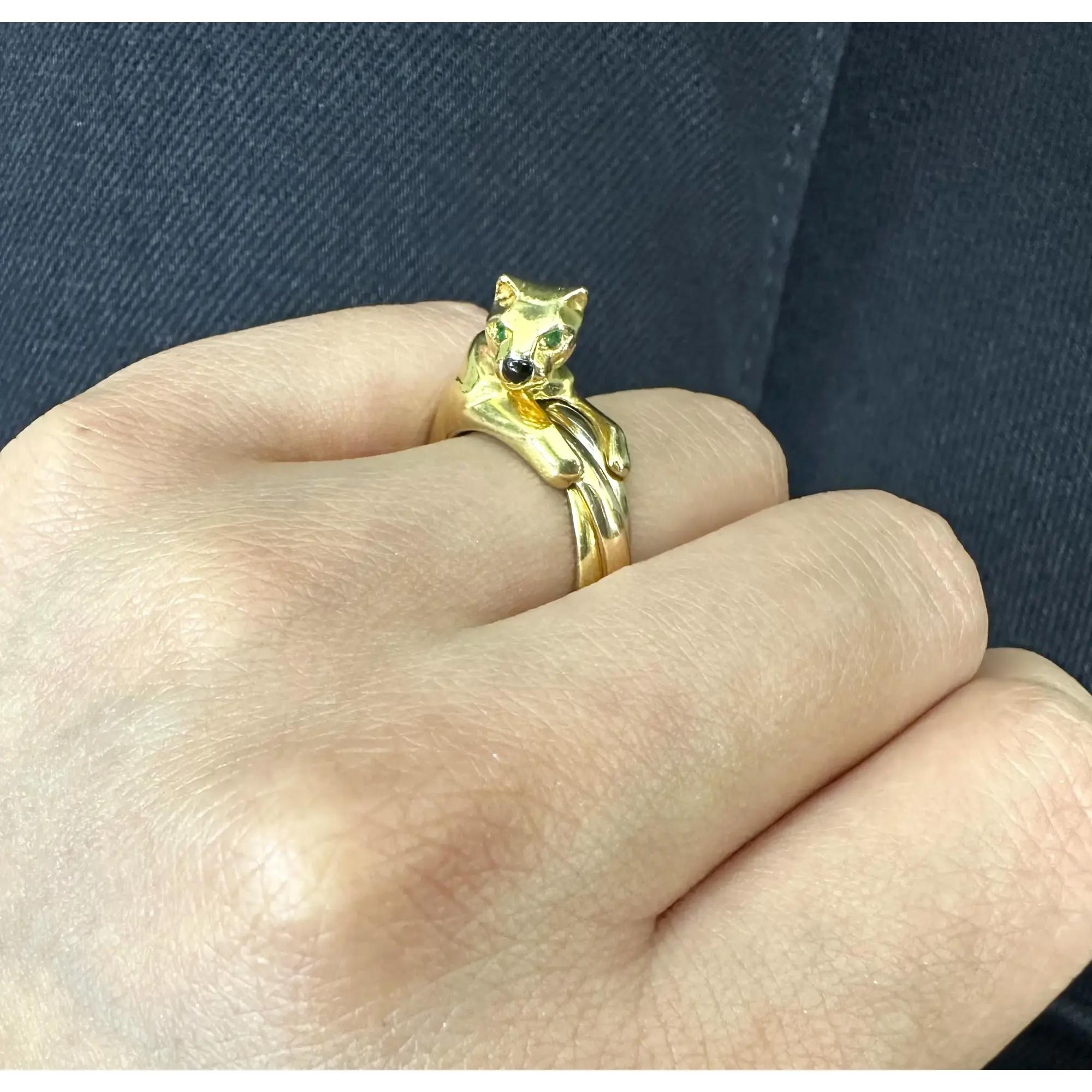Women's or Men's Cartier Tri Tone Panthere Emerald Onyx Ring 18K Yellow Gold Size 51 US 5.5 For Sale