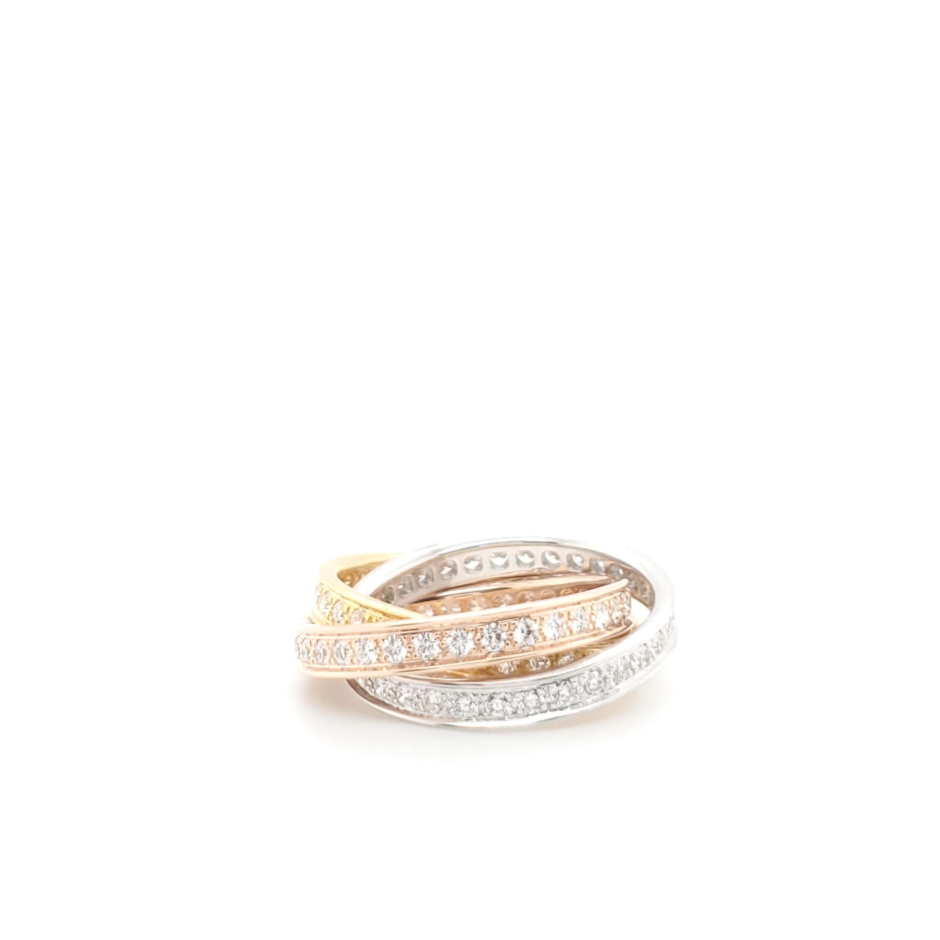 Authentic Cartier Trinity rolling ring in 18 karat tri-color gold with 96 diamonds, totalling approximately 1.92ct.  Stamped Cartier, 750.  Size 55.  Trinity ring comes with original Cartier box and papers