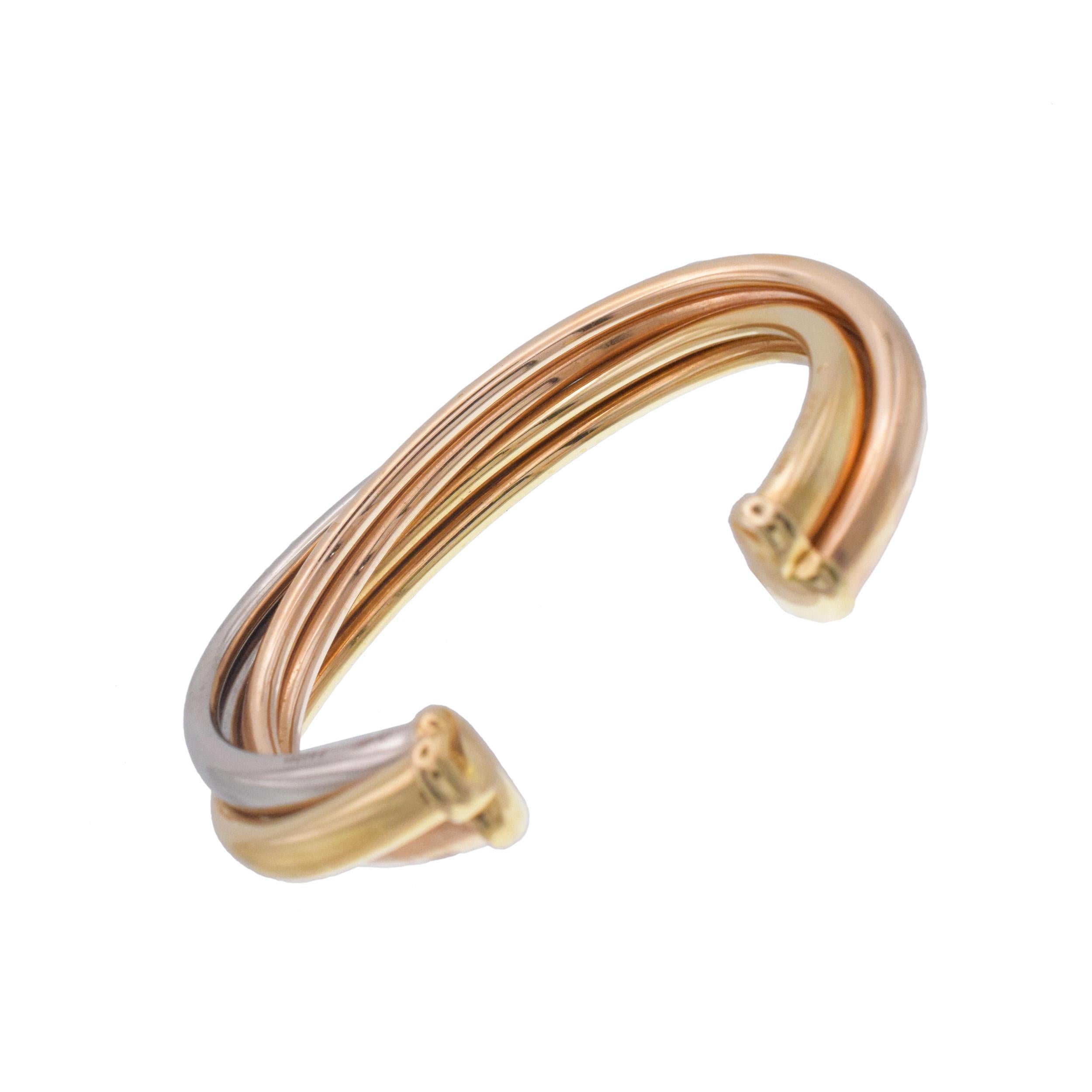 Women's or Men's Cartier Tricolor Gold 'Trinity' Cuff Bangle Bracelet For Sale