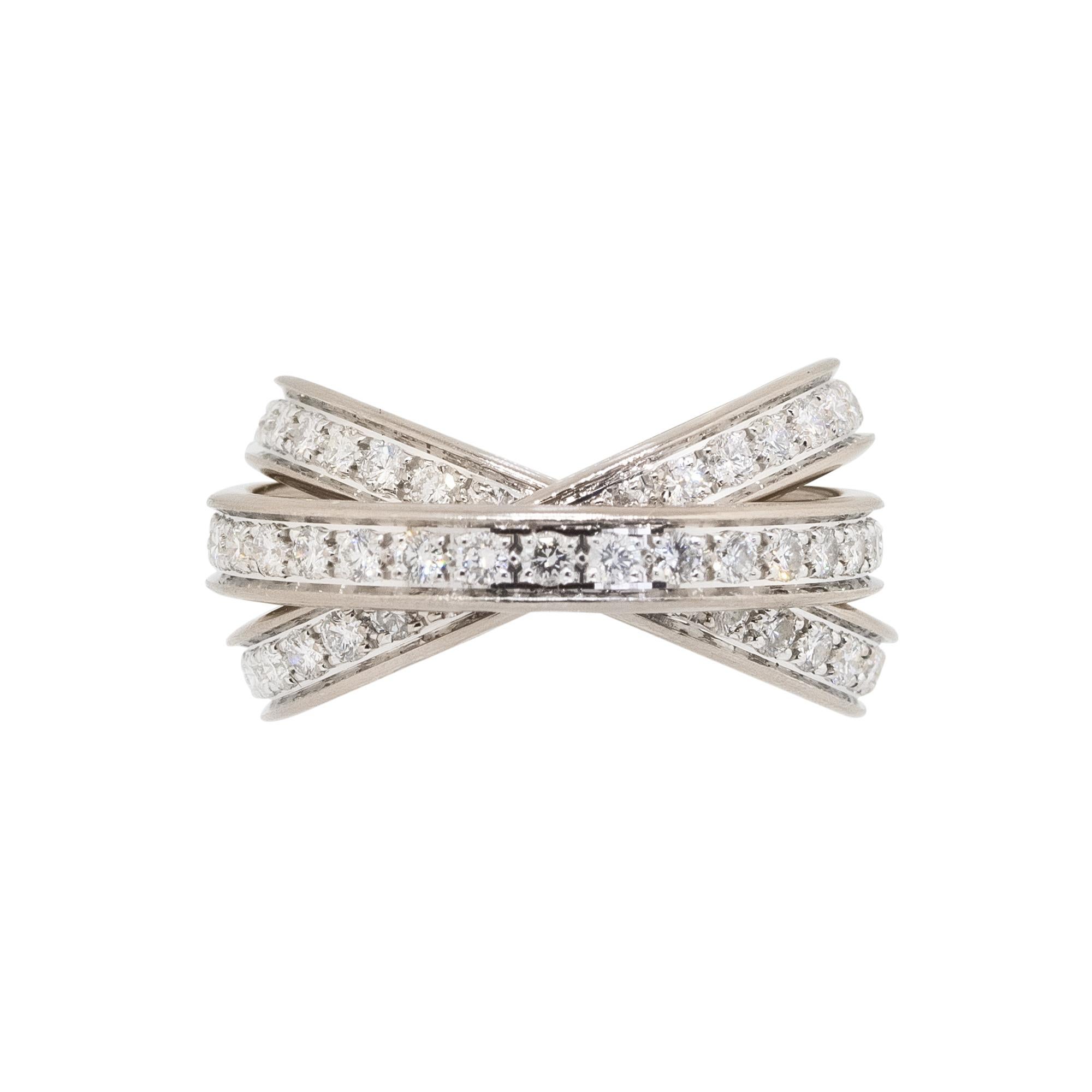 Designer: Cartier
Material: 18k white gold
Diamond Details: Approx. 1.50ctw of round cut Diamonds. Diamonds are G/H in color and VS in clarity
Size: 6.25
Measurements: 23.30mm x 8mm x 23.30mm
Weight: 10g (6.4dwt)
Additional Details: This item comes