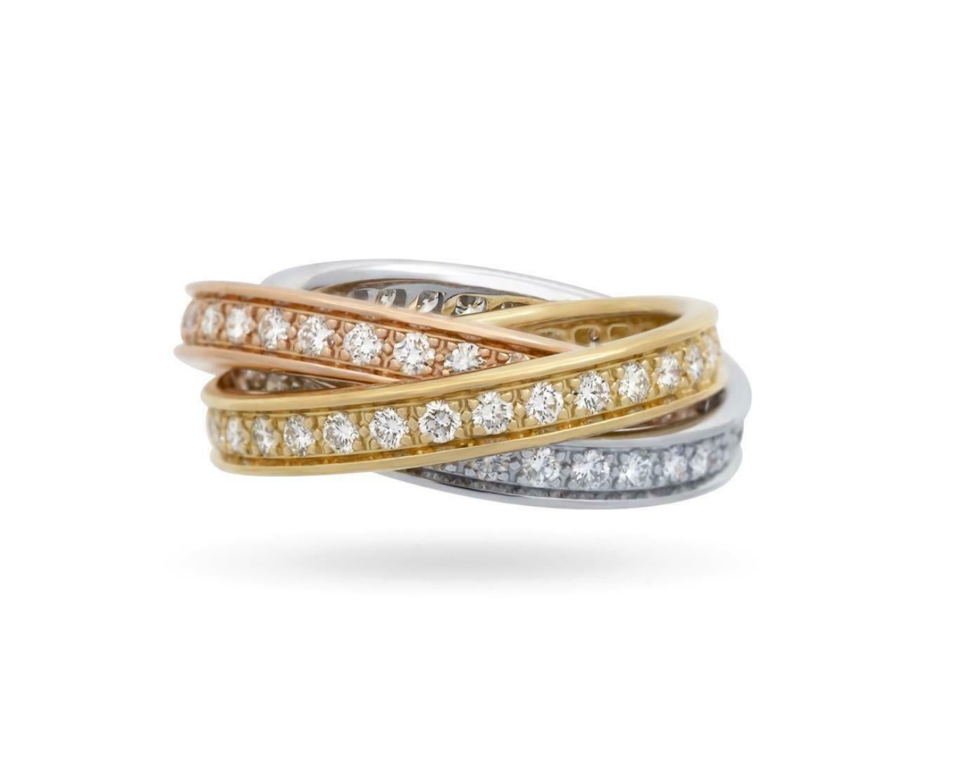 Cartier Trinity 1,60 Karat Diamant 18k Tricolor Gold Dreifach-Ring Größe 52 w/Cert im Angebot 4