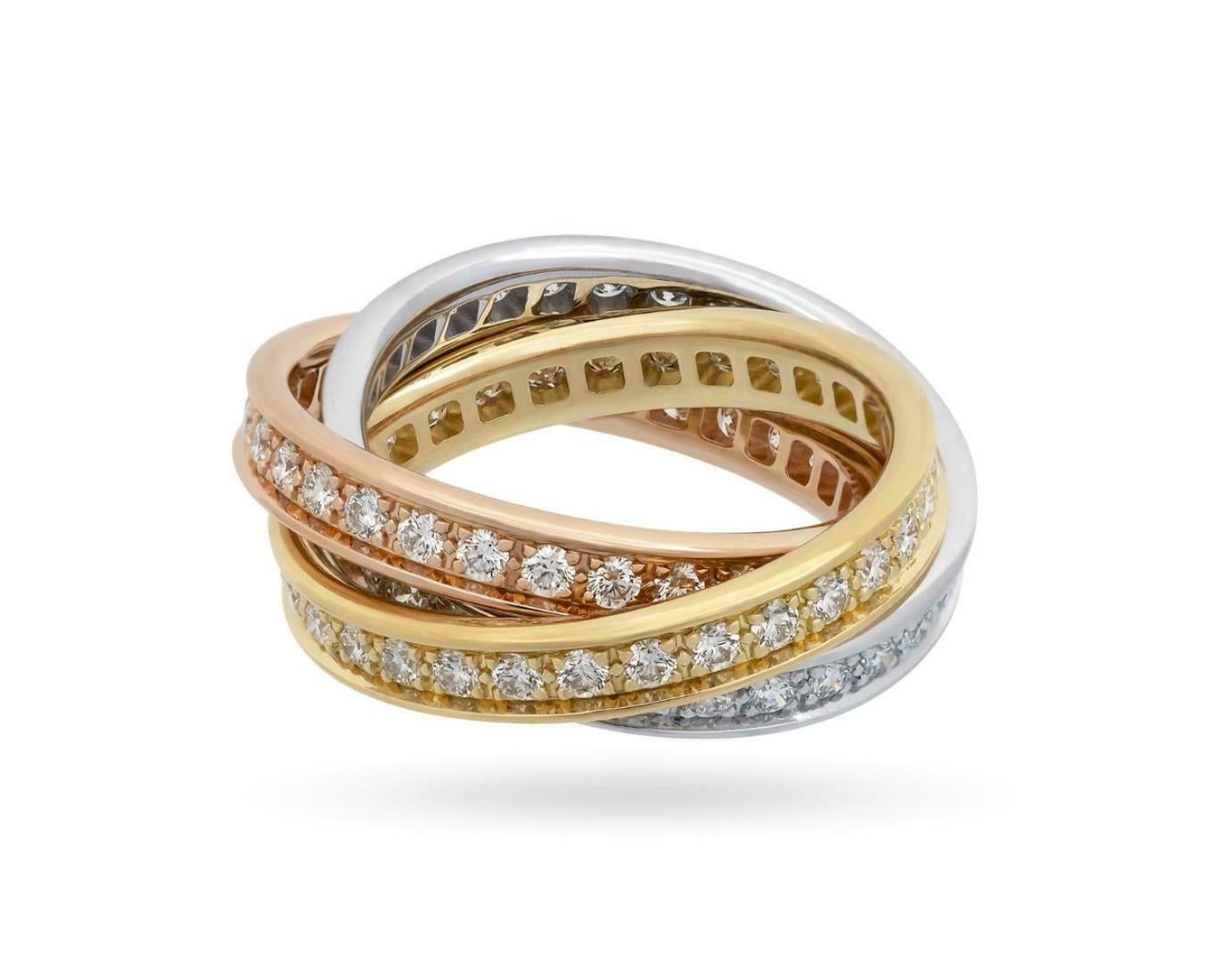 Taille brillant Cartier Bague à trois anneaux Trinity en or tricolore 18 carats avec diamants de 1,60 carat, taille 52 avec certificat en vente