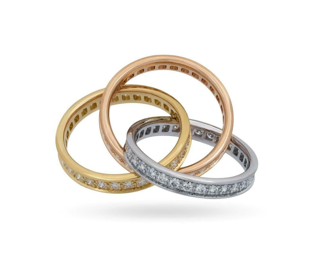 Cartier Bague à trois anneaux Trinity en or tricolore 18 carats avec diamants de 1,60 carat, taille 52 avec certificat Excellent état - En vente à Boca Raton, FL