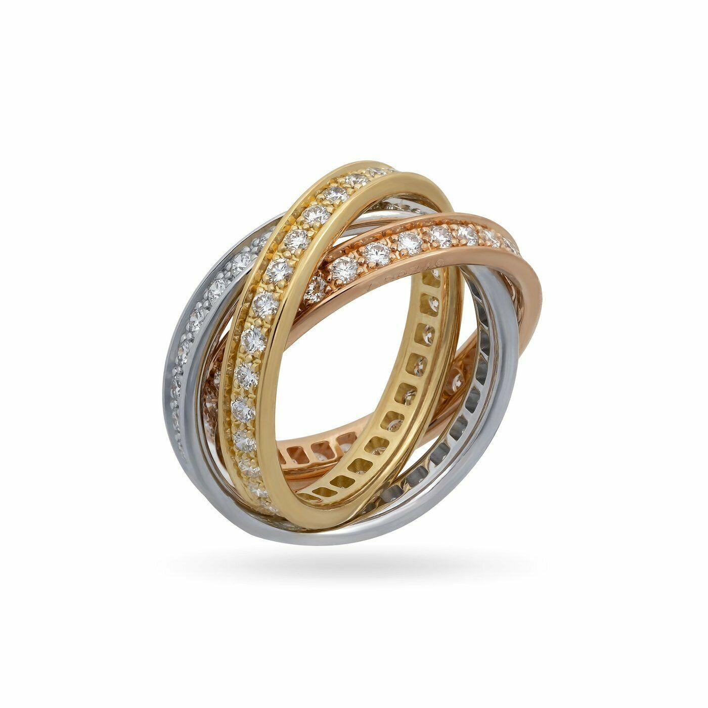 Cartier Bague à trois anneaux Trinity en or tricolore 18 carats avec diamants de 1,60 carat, taille 52 avec certificat Pour femmes en vente