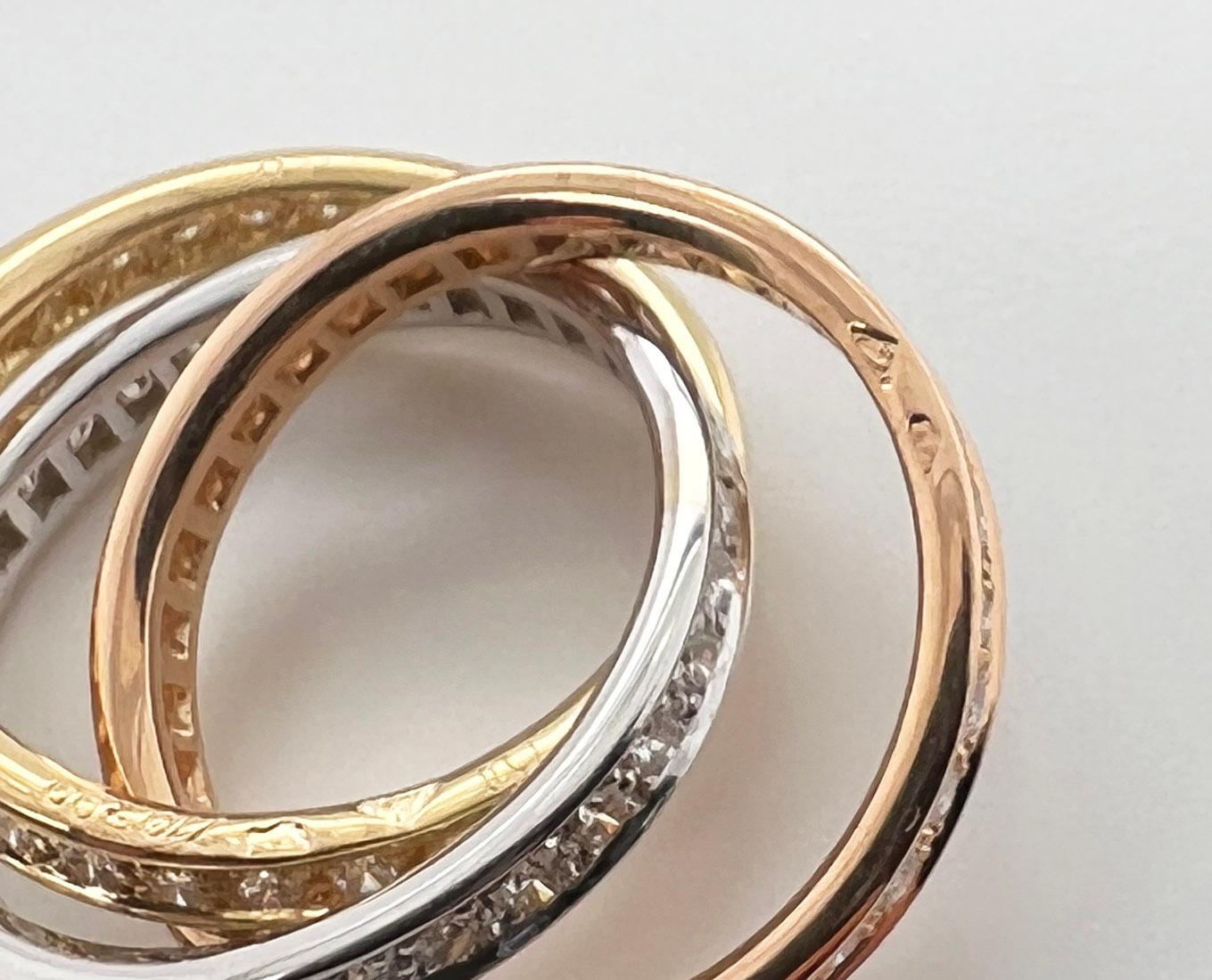 Cartier Bague à trois anneaux Trinity en or tricolore 18 carats avec diamants de 1,60 carat, taille 52 avec certificat en vente 3