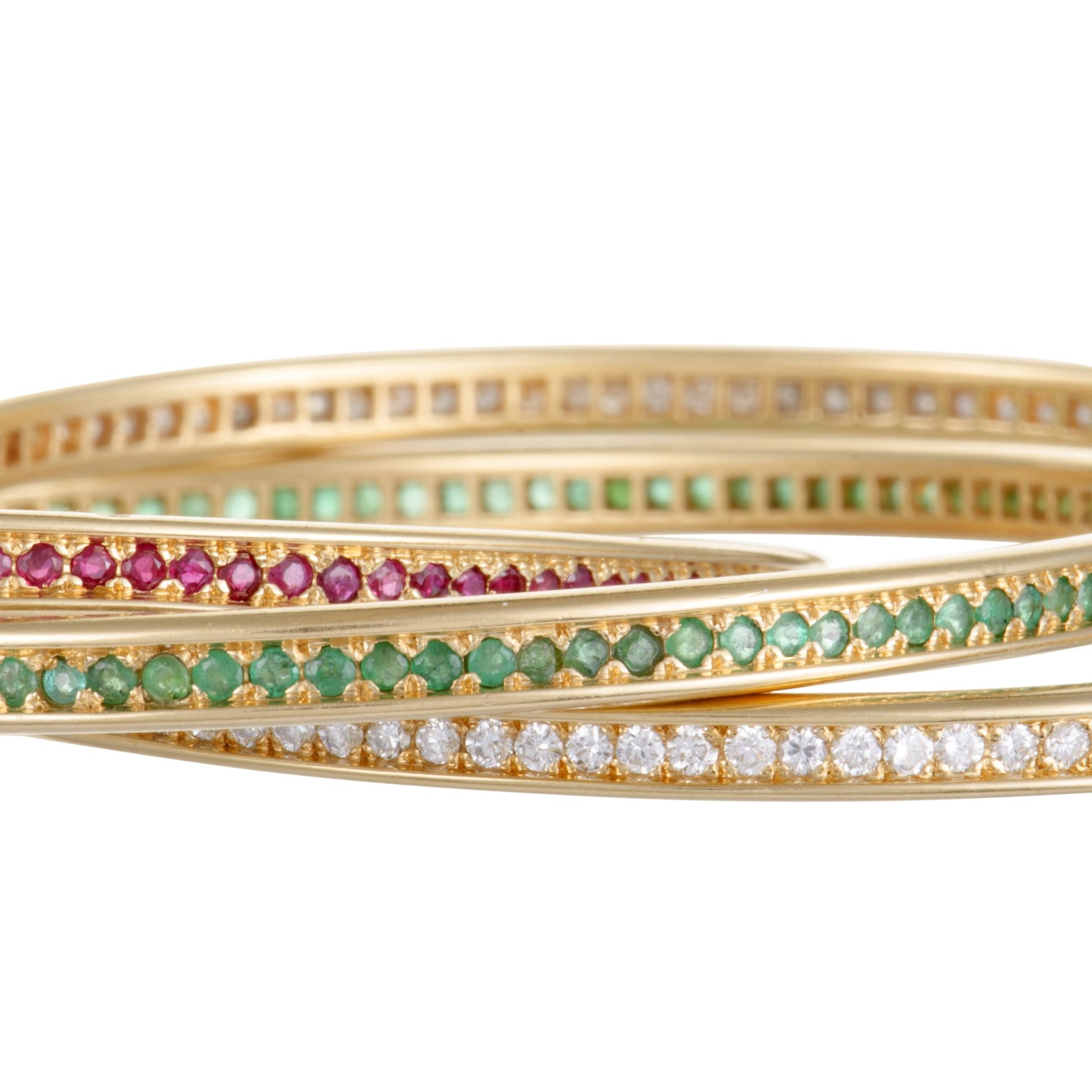 Cartier Trinity Diamond Ruby and Emerald Yellow Gold Bangle Bracelet In Excellent Condition In Southampton, PA