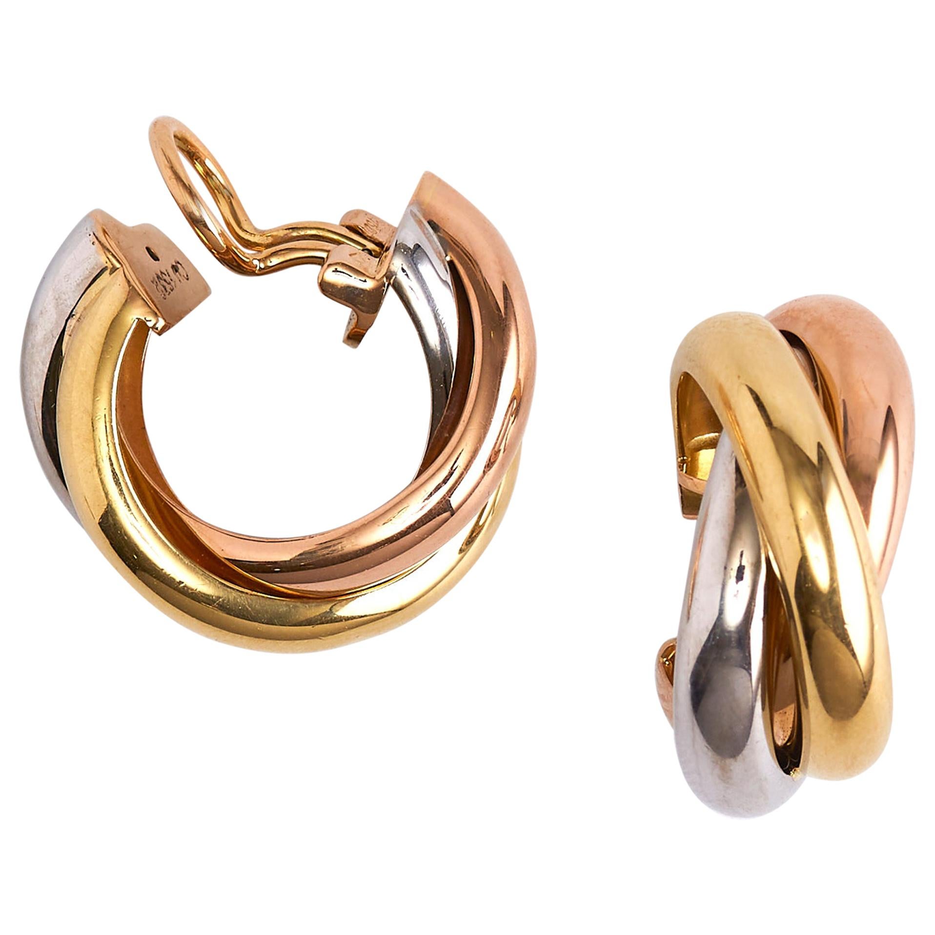 Handmade Tricolor gold earrings for women Elegant jewel box Women Wire earrings in solid Gold 9k 14k & 18k Trinity open hoop earrings 3 colors of gold open hoops