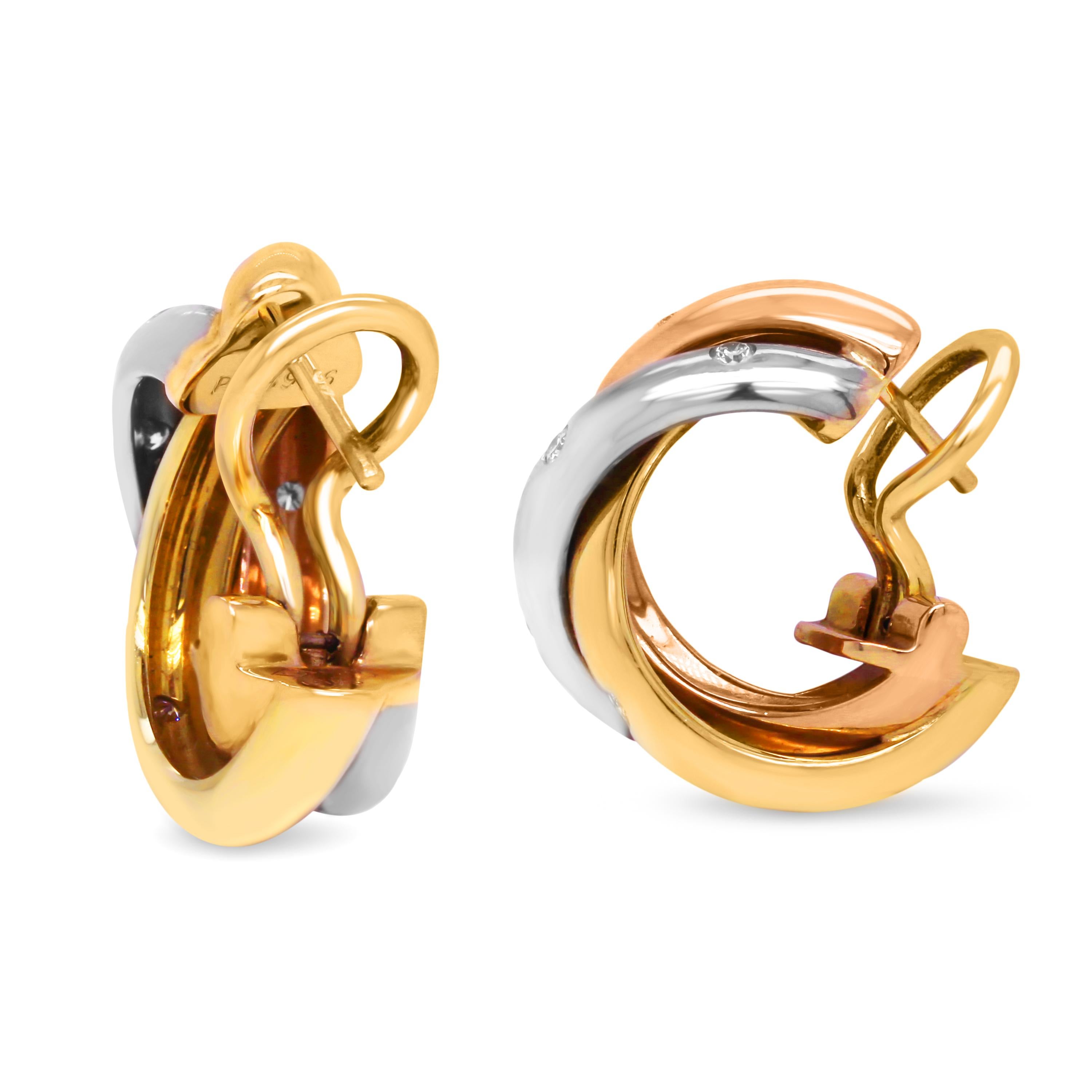 Cartier Trinity 18 Karat Tri-Color Rose Yellow White Gold Diamond Hoop Earrings

A touch of diamonds are set, totaling apprx. 0.08ct. 

Earring diameter 2.5cm (apprx. 1 inch)

Signed Cartier 750
