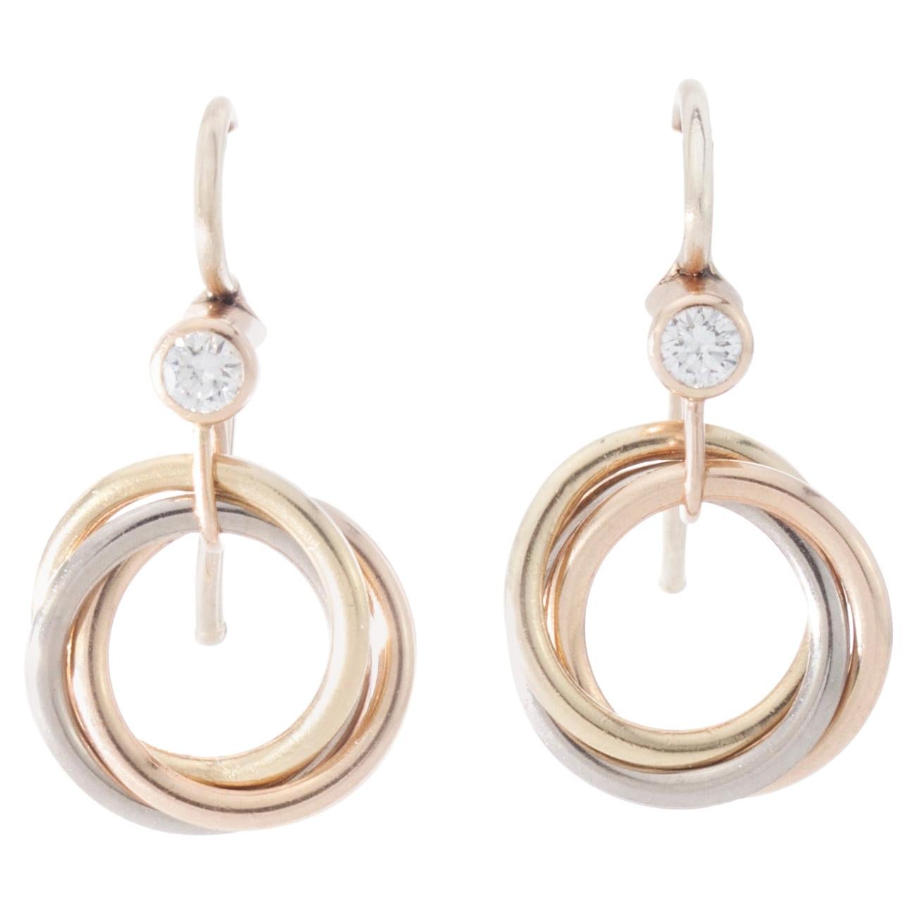 Cartier Trinity 18 Karat White Yellow and Rose Gold Ladies Earrings with Diamond
