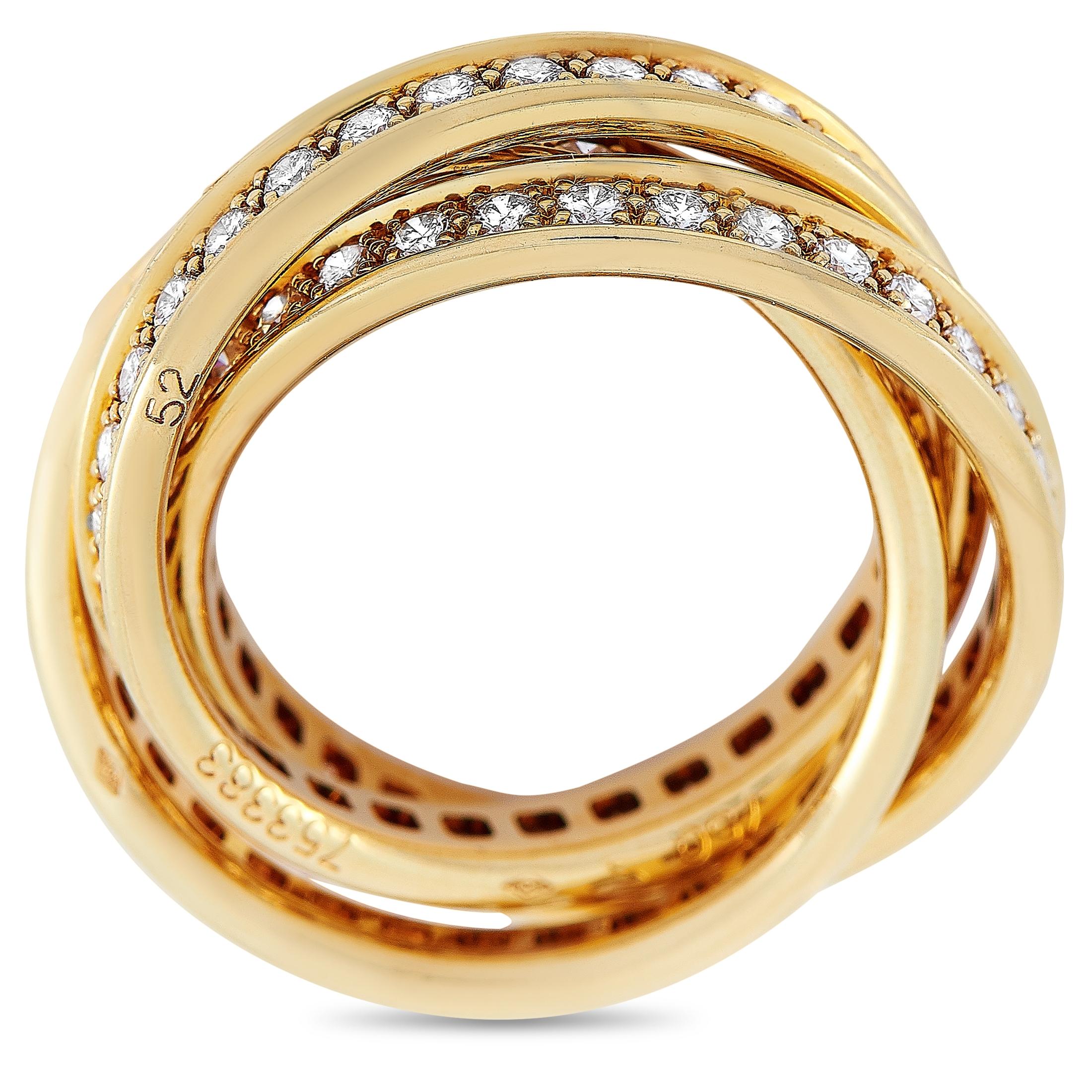 The Cartier “Trinity” ring is made of 18K yellow gold and embellished with diamonds. The ring boasts band thickness of 3 mm.
 
 This jewelry piece is offered in estate condition and includes the manufacturer’s box and papers.