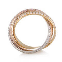 Cartier Trinity 18 Karat Yellow White and Rose Gold Diamond Pave Three-Band Ring