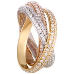 Cartier Trinity 18 Karat Yellow White and Rose Gold Diamond Pave Three-Band Ring