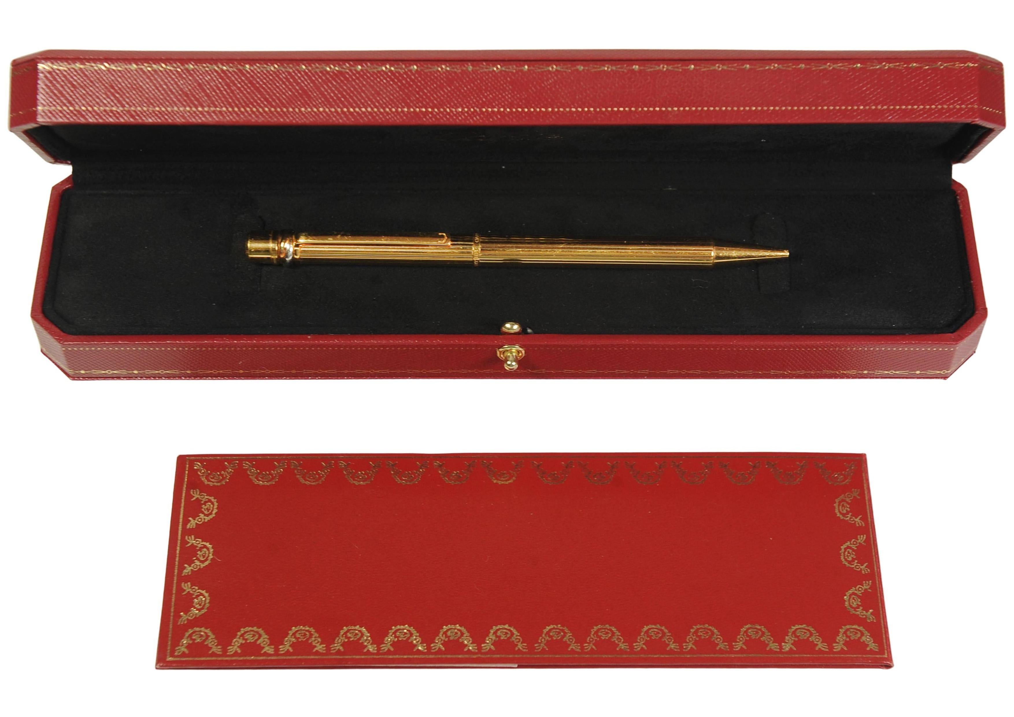 Art Deco Cartier Trinity 18ct Gold Plated Ribbed Ballpoint Pen With A Red Cartier Box For Sale