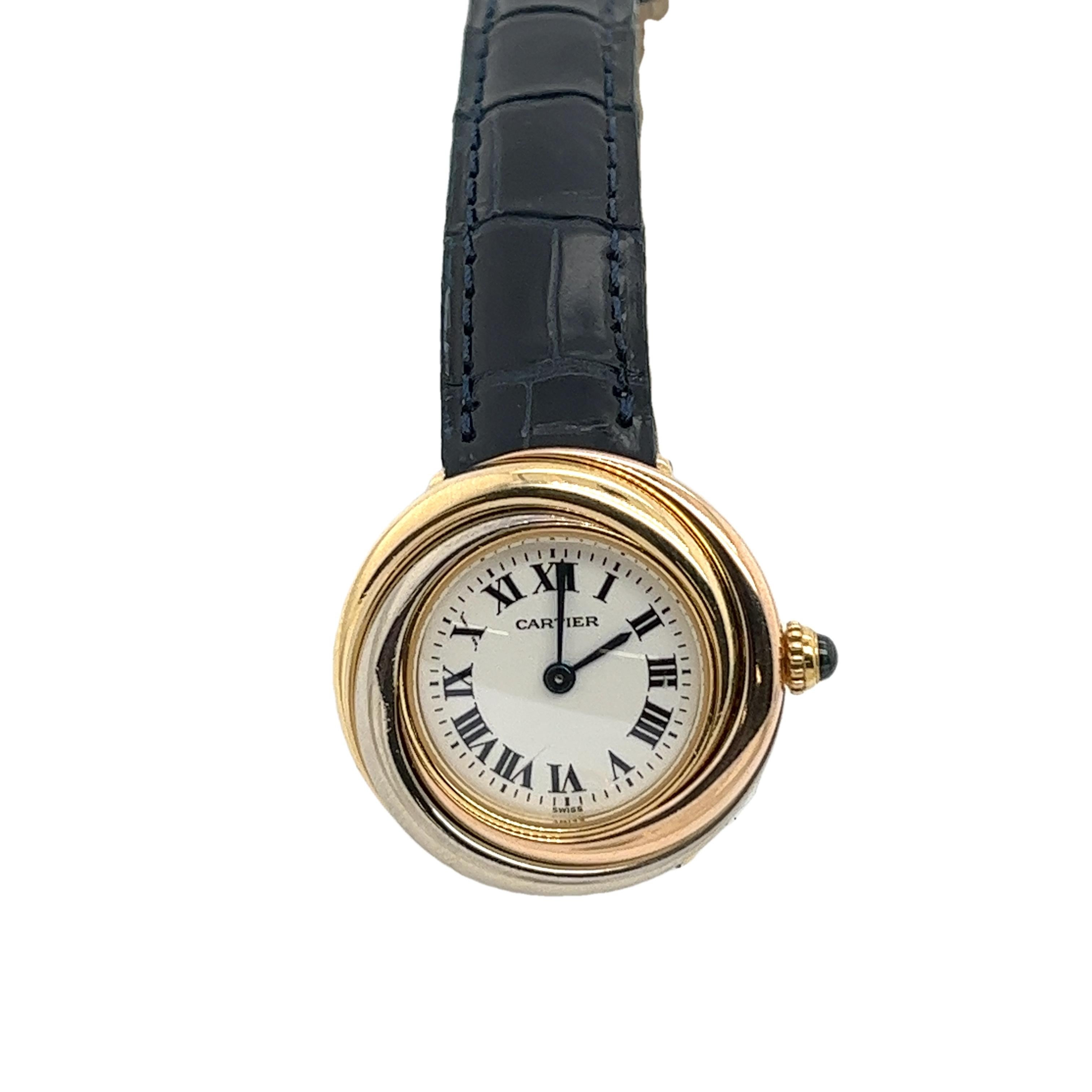 This exquisite Cartier Trinity Watch, model W6000156, 
is crafted from 18ct yellow, white, and rose gold, reflecting the iconic Trinity design that symbolizes love, loyalty, and friendship. Featuring Cartier's renowned Swiss craftsmanship, 
the