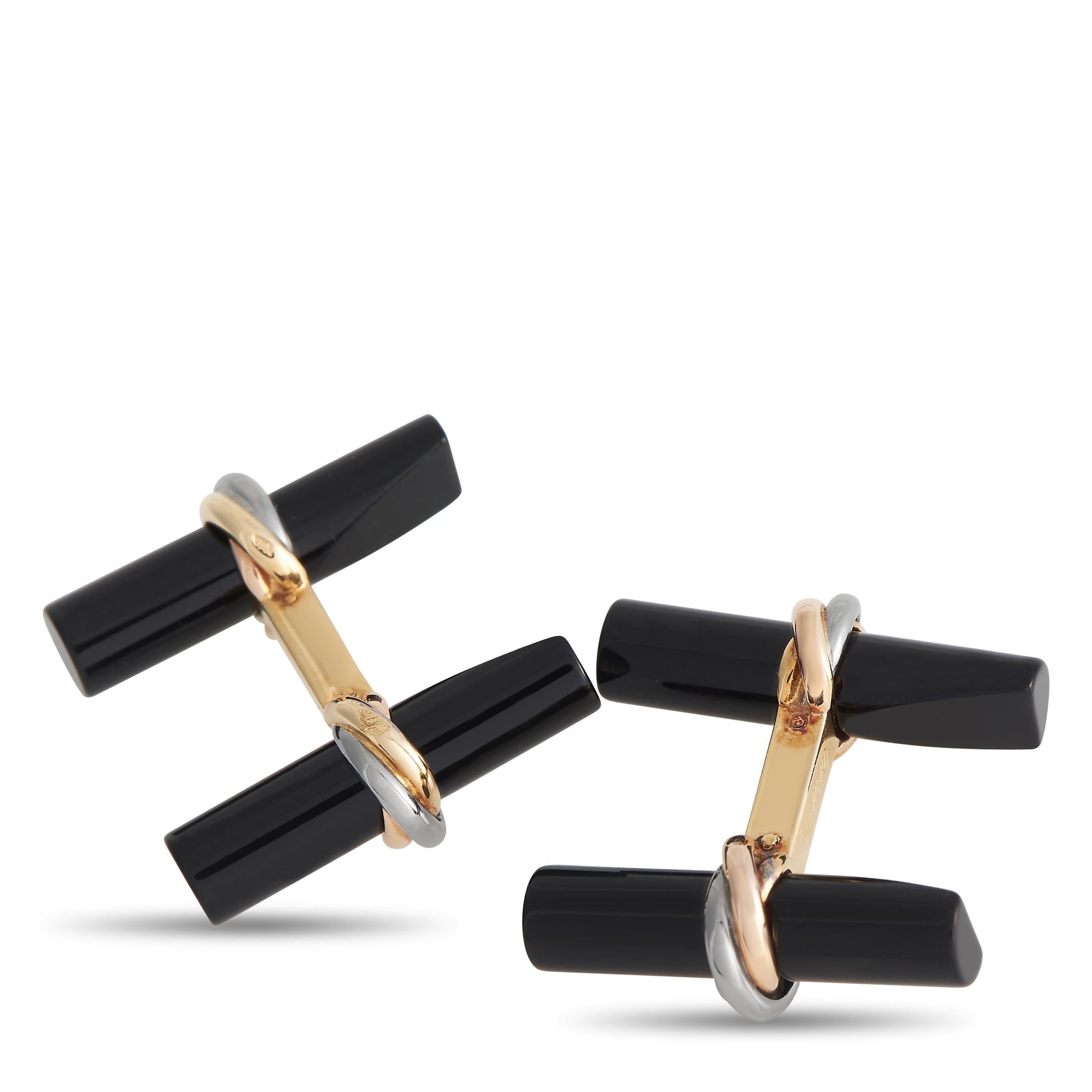 These luxurious Cartier Trinity cufflinks possess a timeless sense of style. The sleek Onyx stone beautifully showcases the stylish metal accent, which is comprised of a trio of precious metals – 18K Rose Gold, 18K White Gold, and 18K White Gold. 