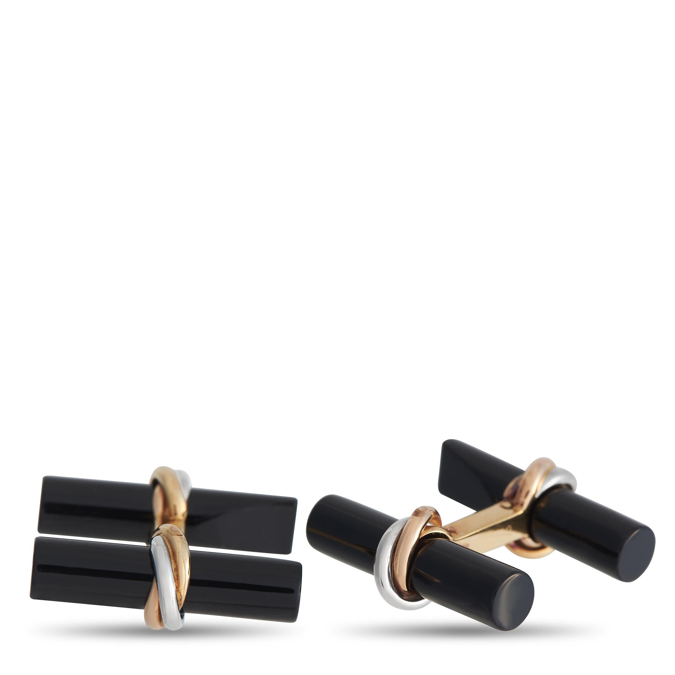 Cartier Trinity 18K Rose, Yellow and White Gold Onyx Cufflinks In Excellent Condition In Southampton, PA