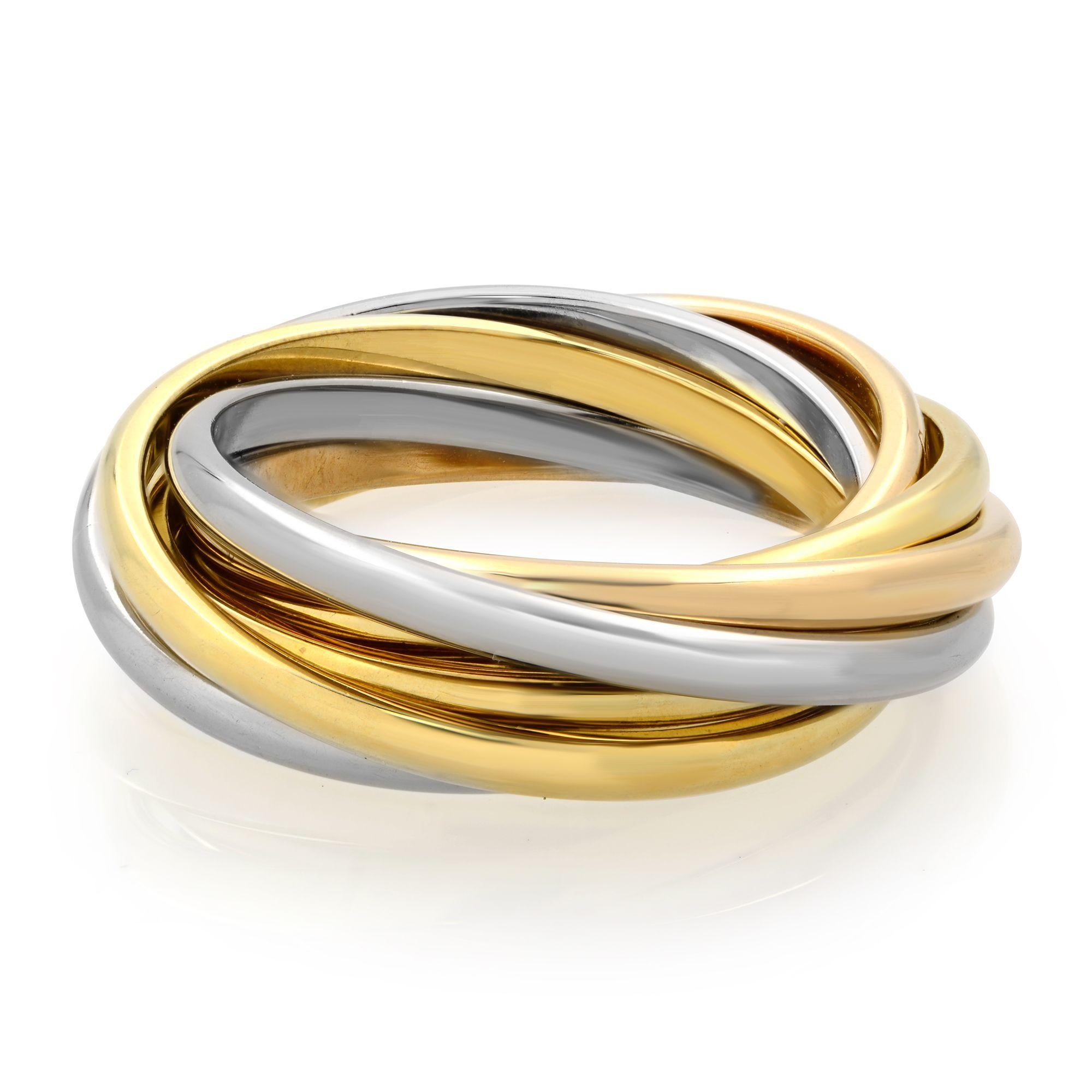 This Trinity De Cartier rolling ring features seven rings crafted from 18k rose, yellow and white gold, symbolizing love, fidelity, and friendship. Ring size 44 US 3. Works great as a pinky ring. Great pre-owned condition. Original box is not