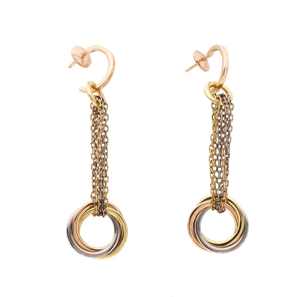 These Cartier Trinity earrings will give you the right sparkle and have all eyes on you. The central motif of the Trinity collection is the ring which comes as a set of three- in rose, yellow and white gold, each symbolizing love, fidelity, and