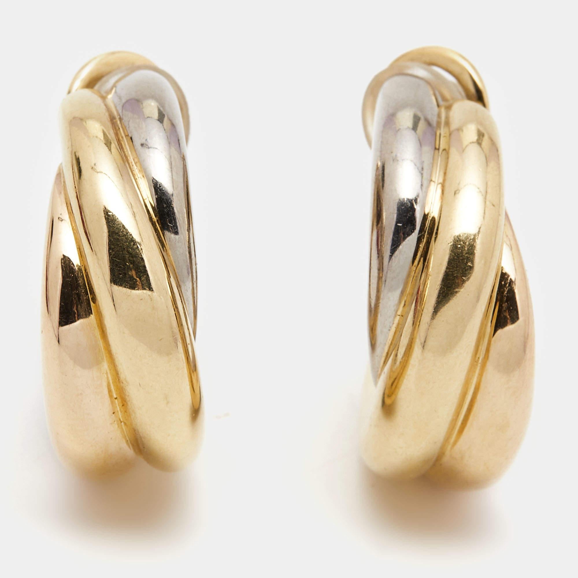 Mouvement esthétique Cartier Trinity, boucles d'oreilles en or 18 carats trois tons en vente