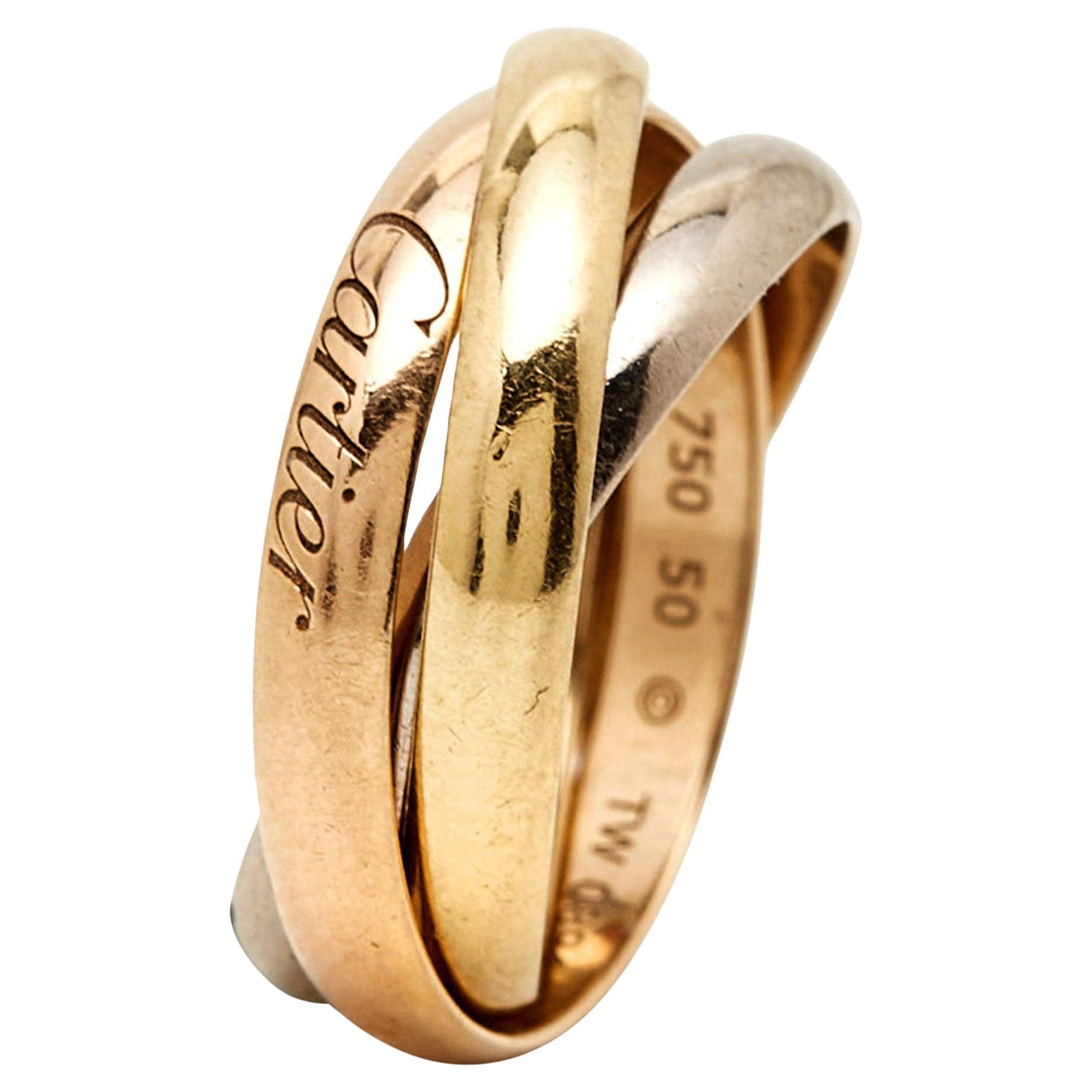 Cartier Trinity 18k Three Tone Gold Small Model Ring Size 50 For Sale