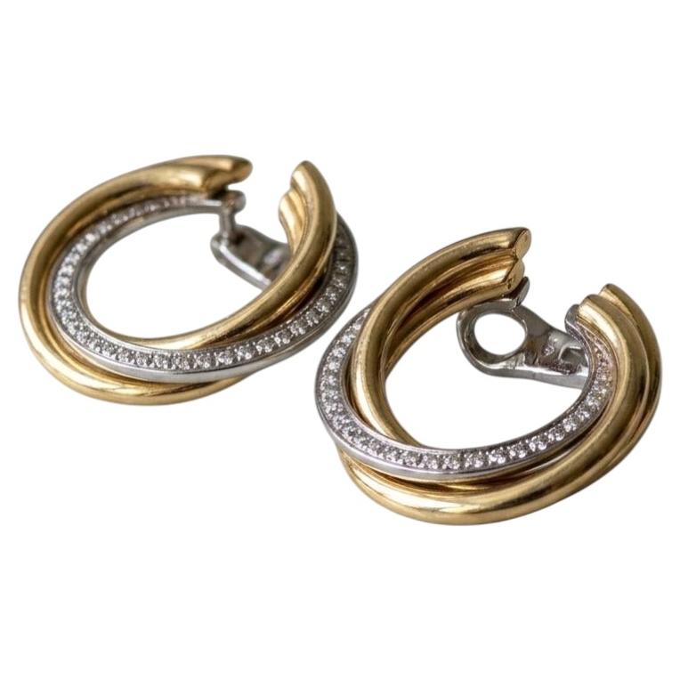Cartier Trinity 18K Tri-Color Gold Diamond Hoop Earrings With Box For Sale