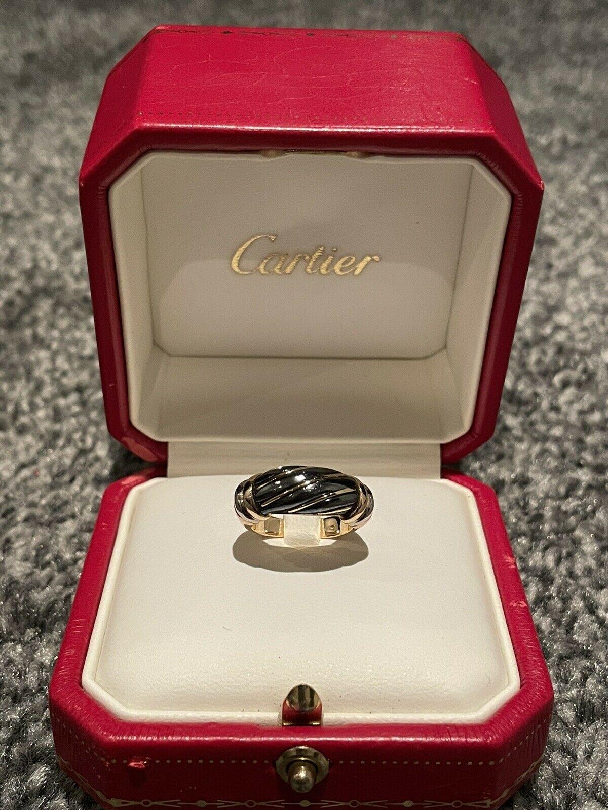 Cartier Trinity 18k Tri Color Gold & Hematite Ring Vintage In Excellent Condition In Beverly Hills, CA