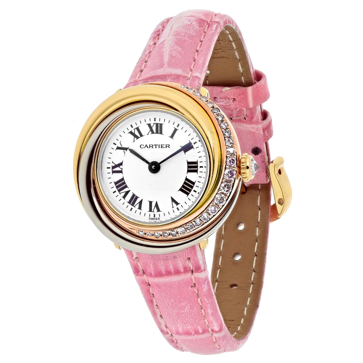Cartier Trinity 18K Tri Color Trinity Quadrante rotondo 27mm 1990's Diamond Watch in vendita