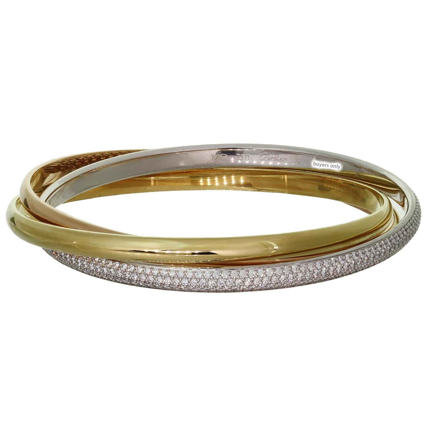 Brilliant Cut Cartier Trinity 18k Tri-Gold Diamond Medium Model Bracelet For Sale