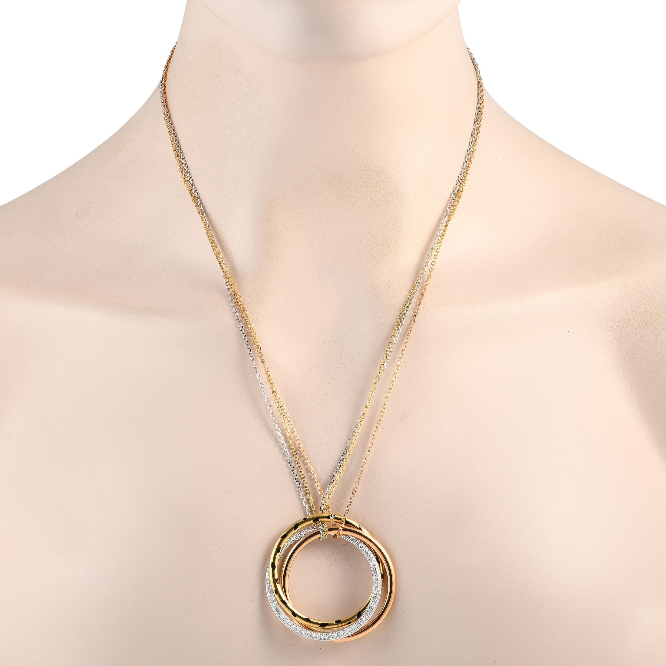 Round Cut Cartier Trinity 18K White, Rose, and Yellow Gold 0.88ct Diamond Necklace For Sale