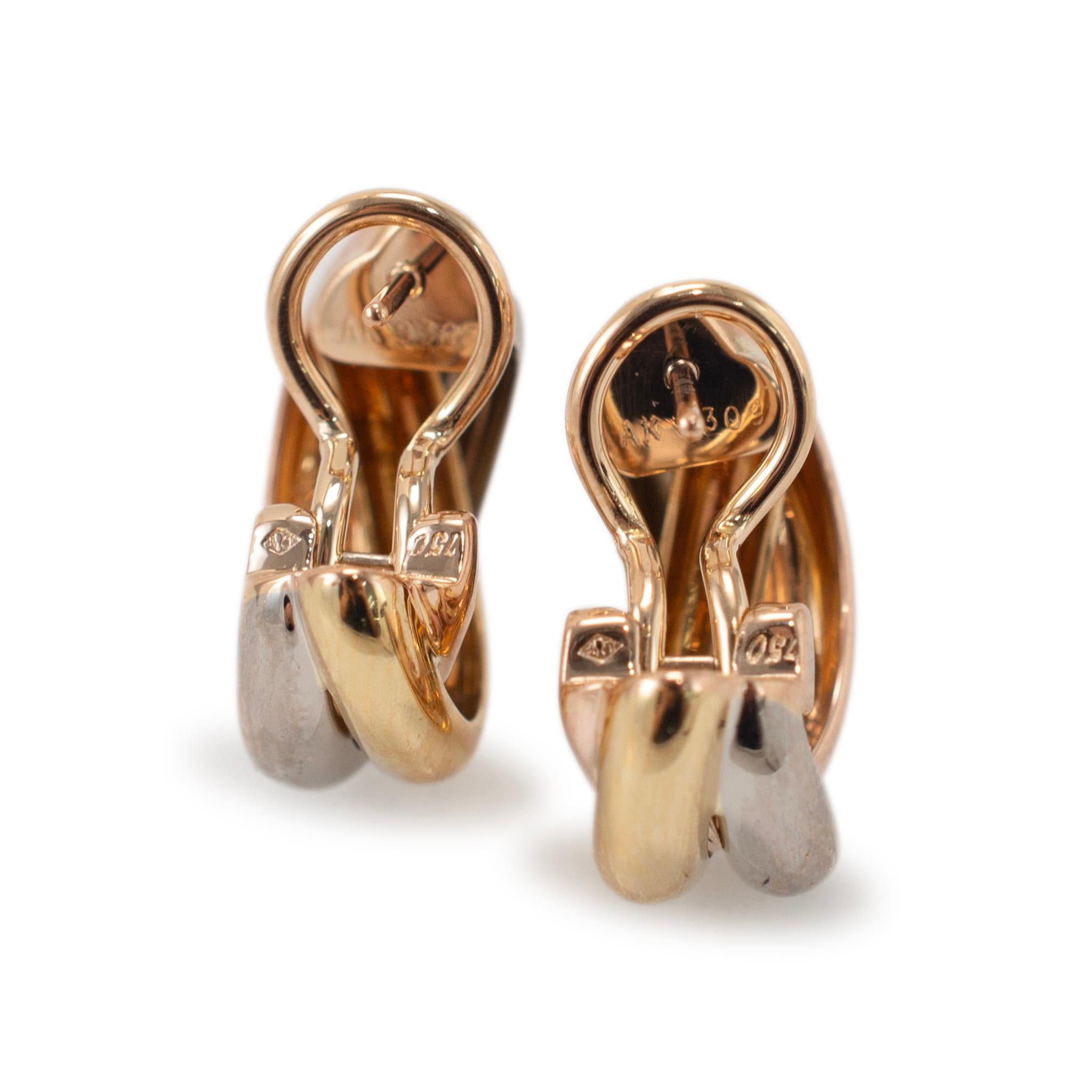 Cartier Trinity 18K White, Yellow and Rose Tri Color Classic Model Hoop Earrings In Excellent Condition For Sale In Houston, TX