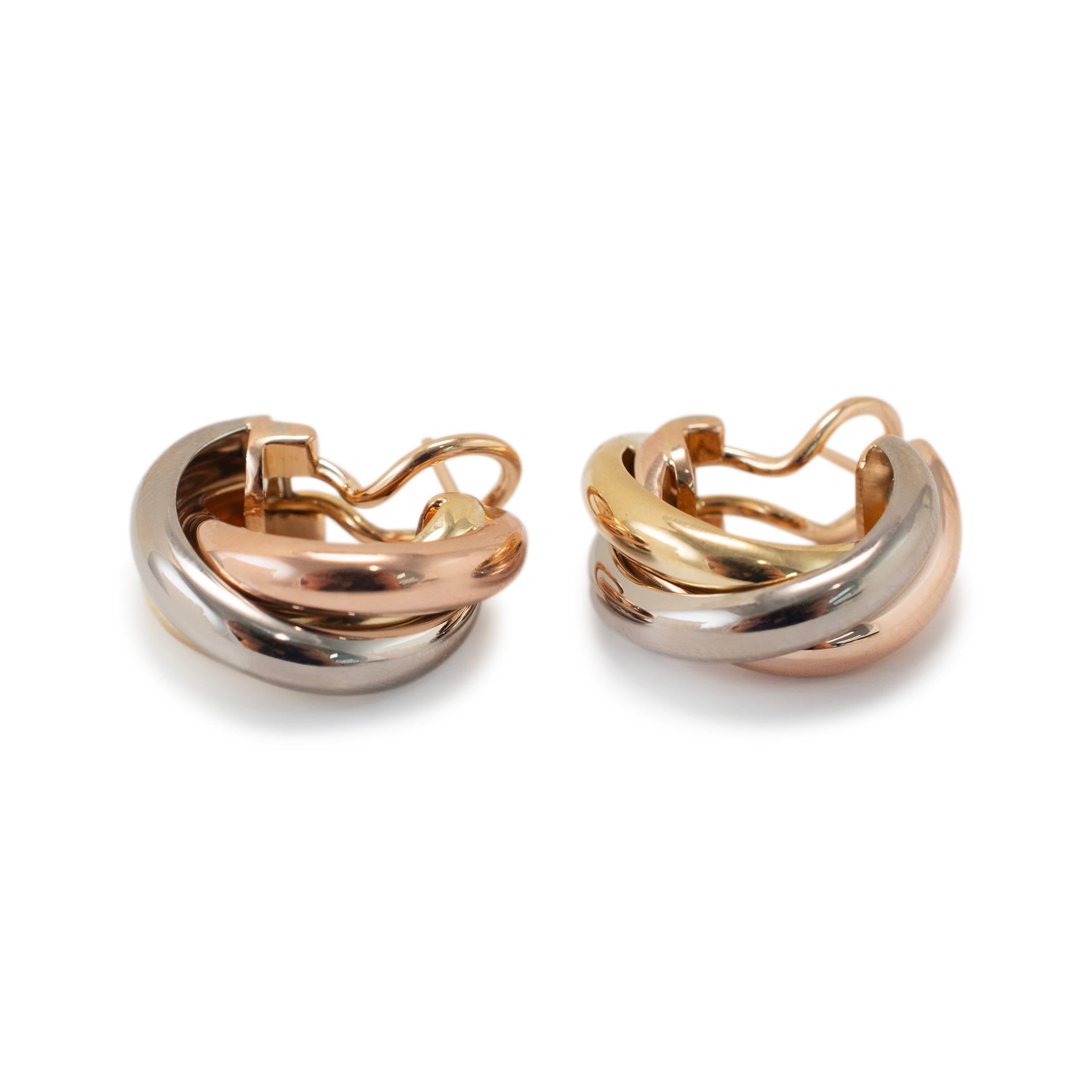 Women's Cartier Trinity 18K White, Yellow and Rose Tri Color Classic Model Hoop Earrings For Sale