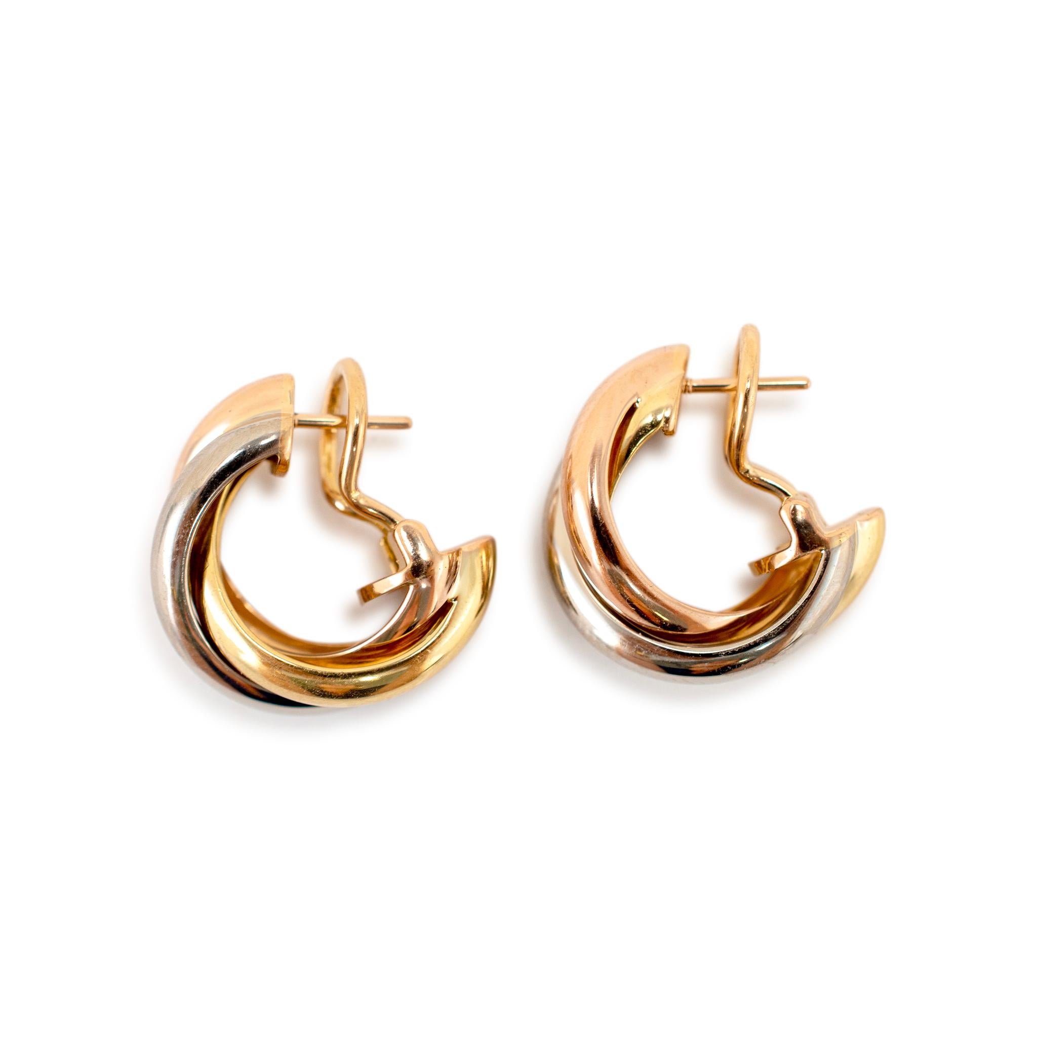 Cartier Trinity 18K White, Yellow and Rose Tri Color Classic Model Hoop Earrings For Sale 1