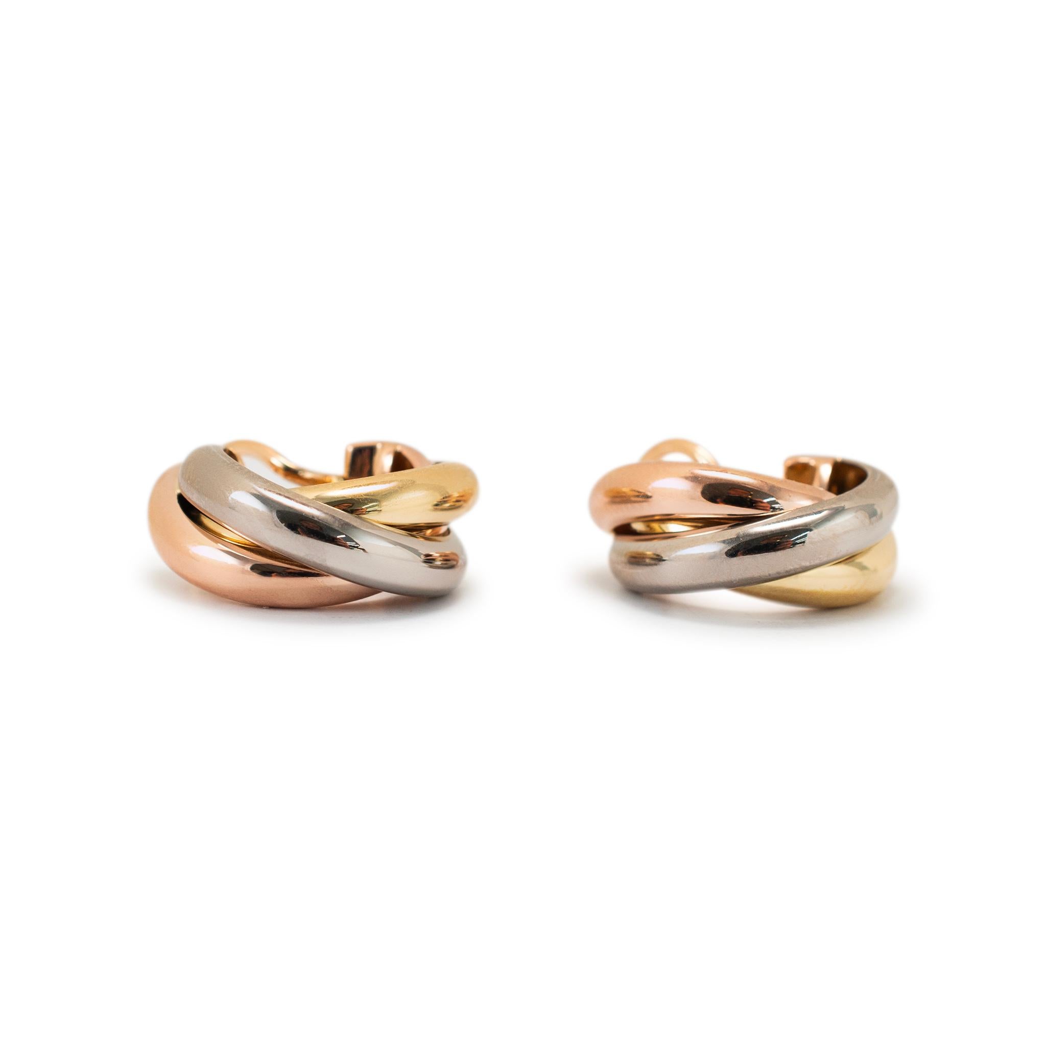 Cartier Trinity 18K White, Yellow and Rose Tri Color Classic Model Hoop Earrings For Sale 2