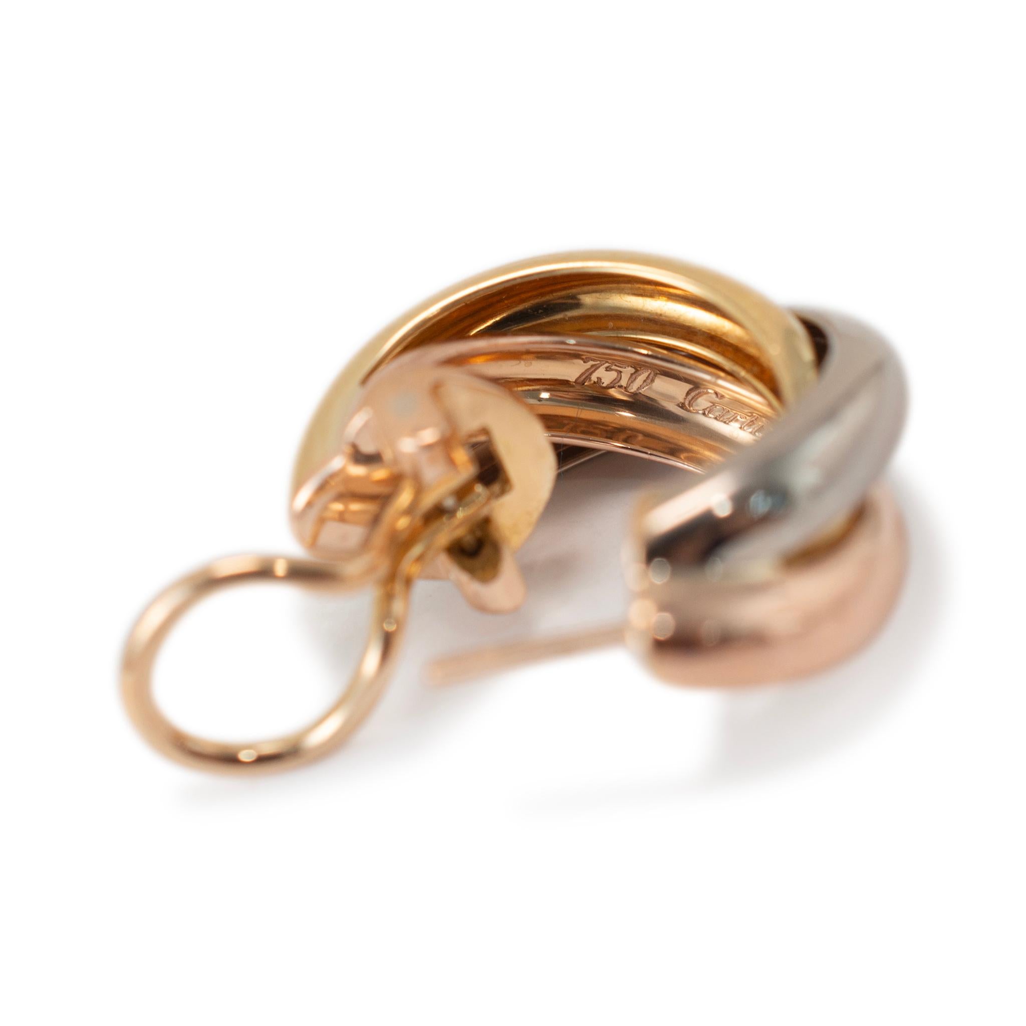 Cartier Trinity 18K White, Yellow and Rose Tri Color Classic Model Hoop Earrings For Sale 4