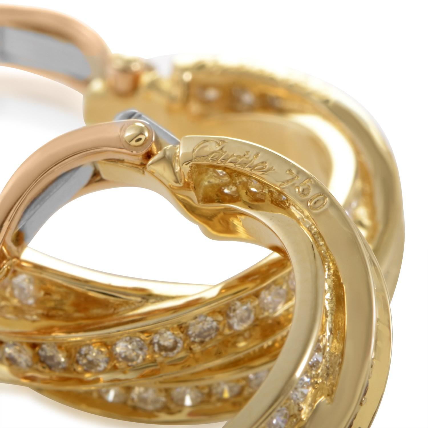 Round Cut Cartier Trinity 18 Karat Yellow Gold Diamond Pave Clip-On Hoop Earrings