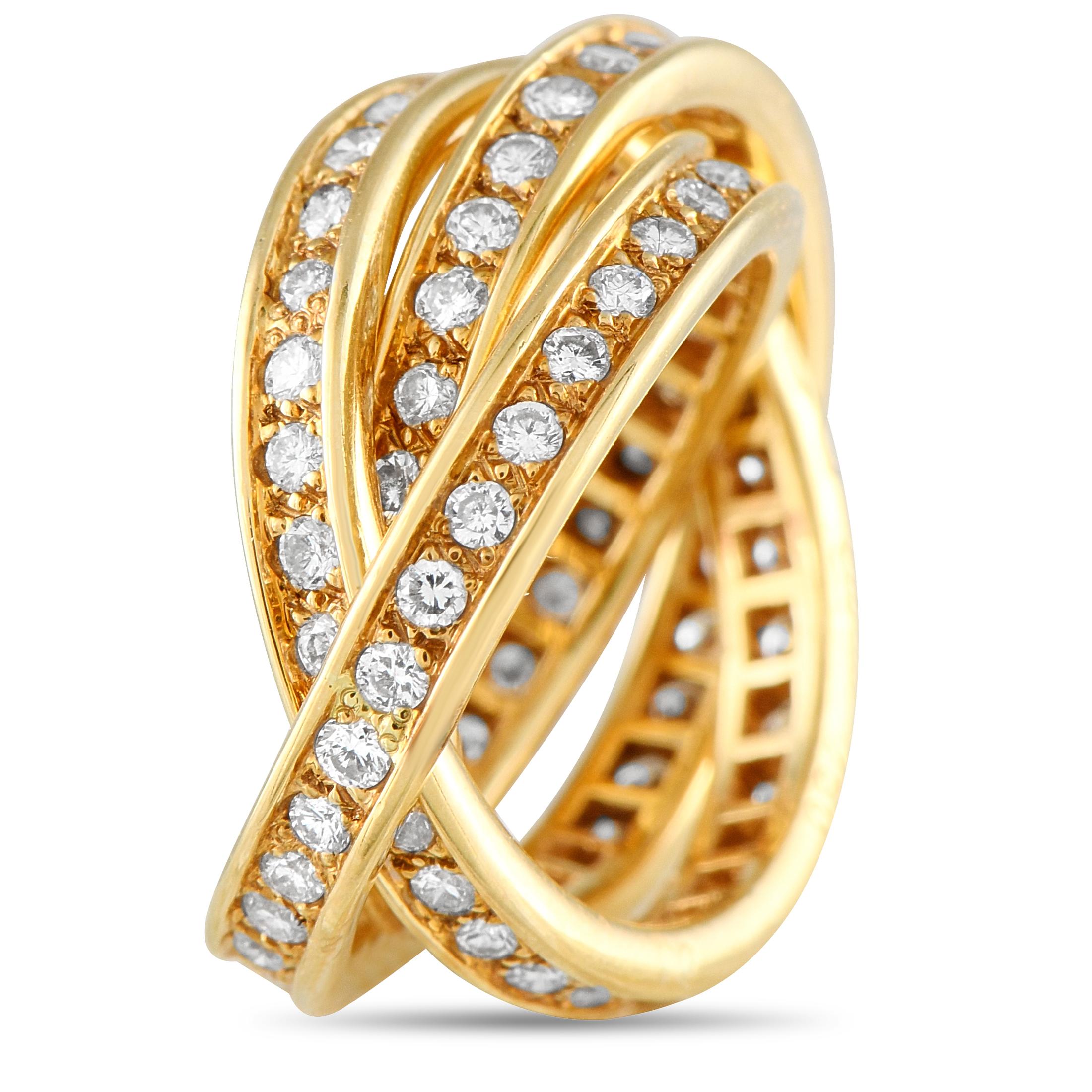 This 18K Yellow Gold Cartier Trinity ring is a piece from one of the brands most iconic collections. On this exquisite accessory, a trio of interlocking bands symbolize love, fidelity, and friendship  making it the perfect way to express your love