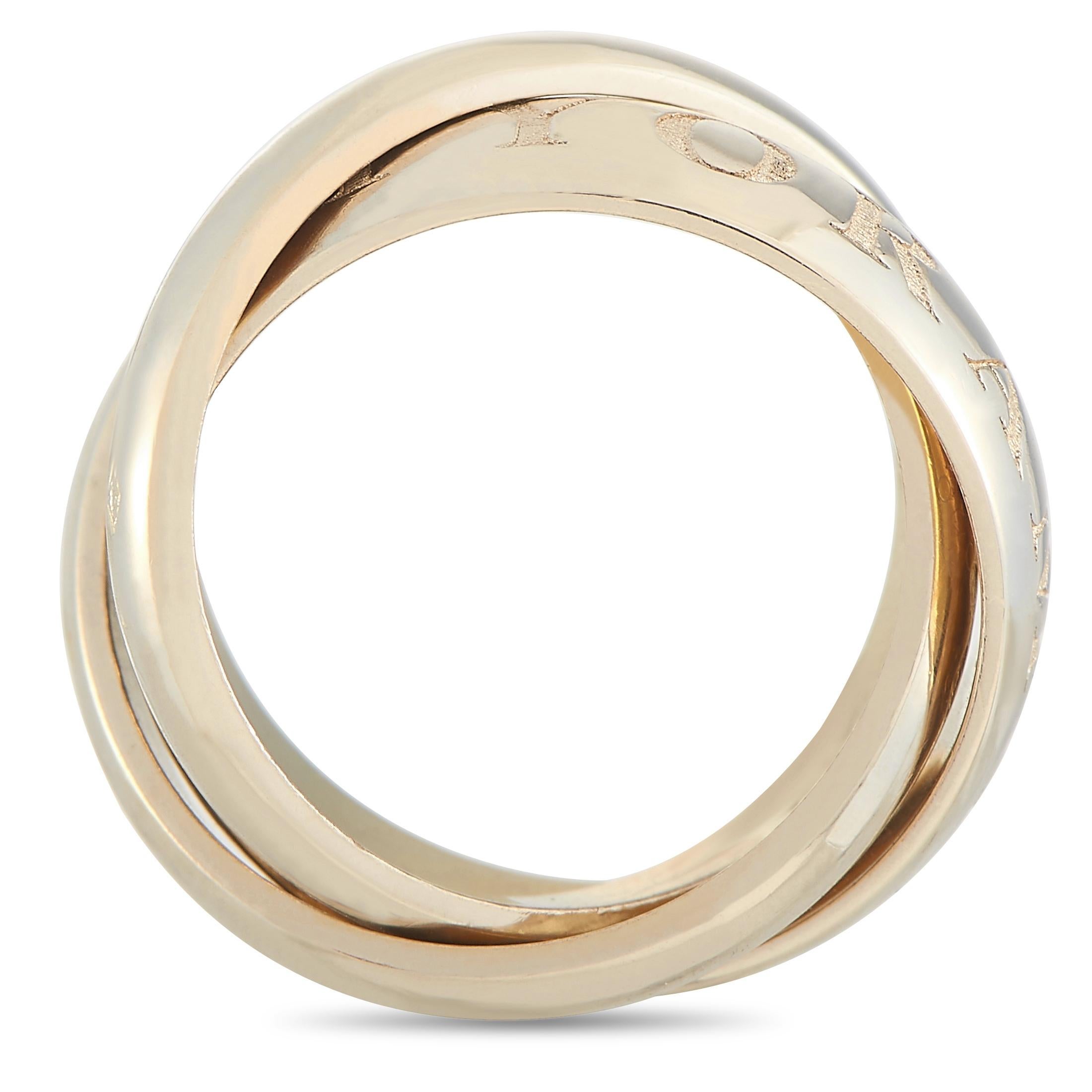 The Cartier “Trinity” ring is made of 18K yellow gold and weighs 10.6 grams, boasting band thickness of 10 mm.
 
 This item is offered in estate condition and includes a gift box.