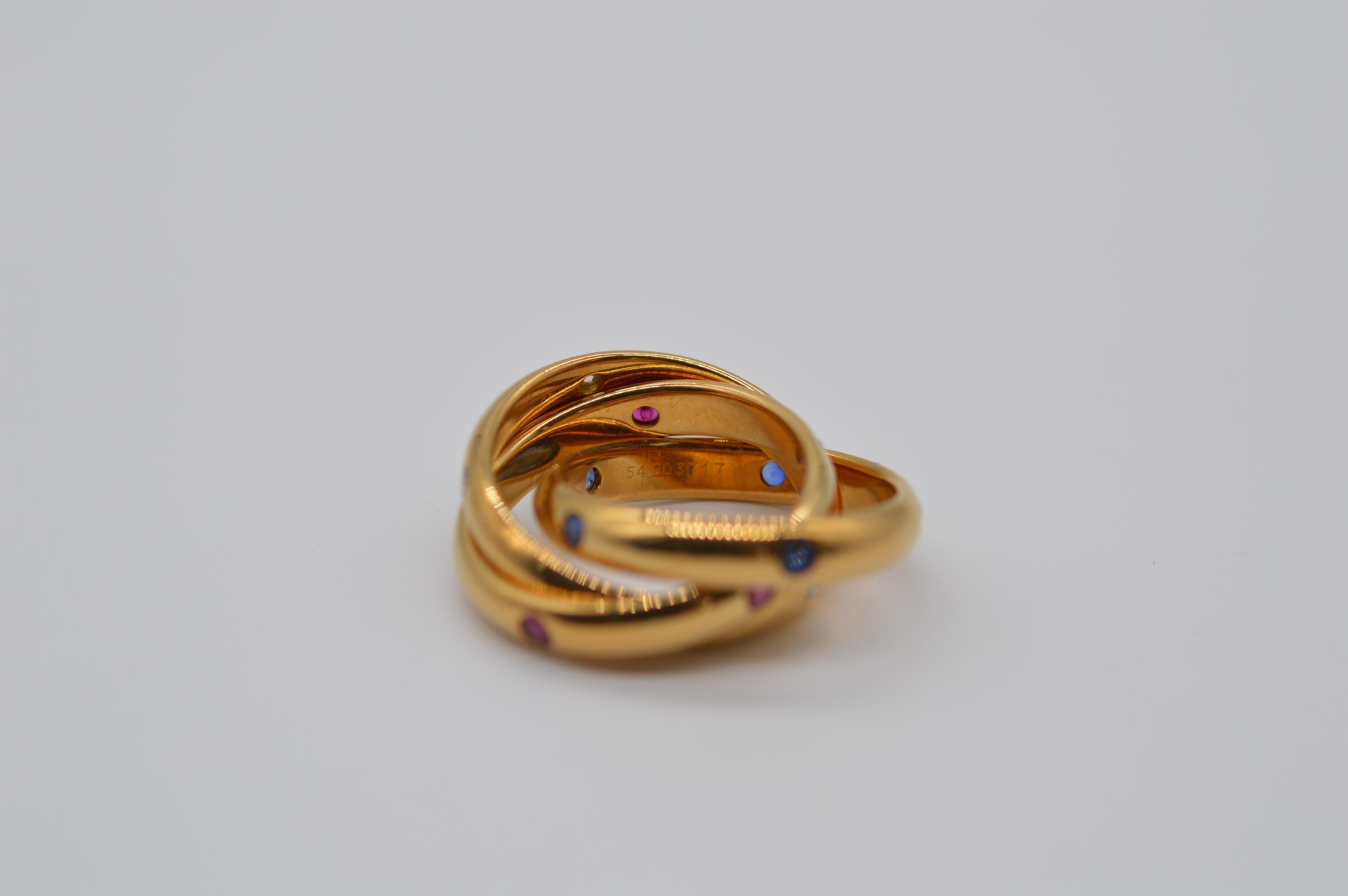 Modern Cartier Trinity 18K Yellow Gold Ring with Diamonds, Rubys & Sapphires Unworn
