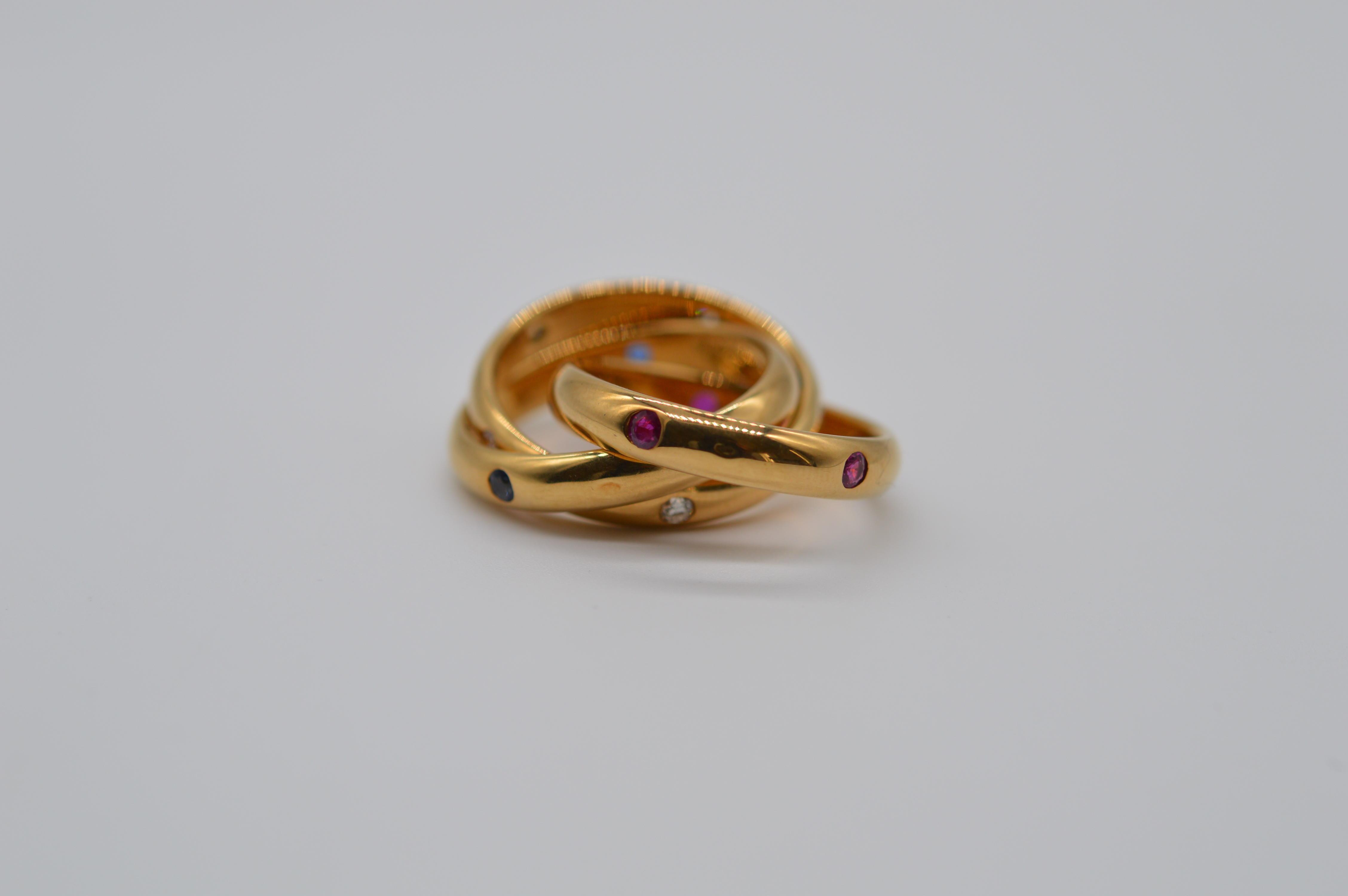Round Cut Cartier Trinity 18K Yellow Gold Ring with Diamonds, Rubys & Sapphires Unworn