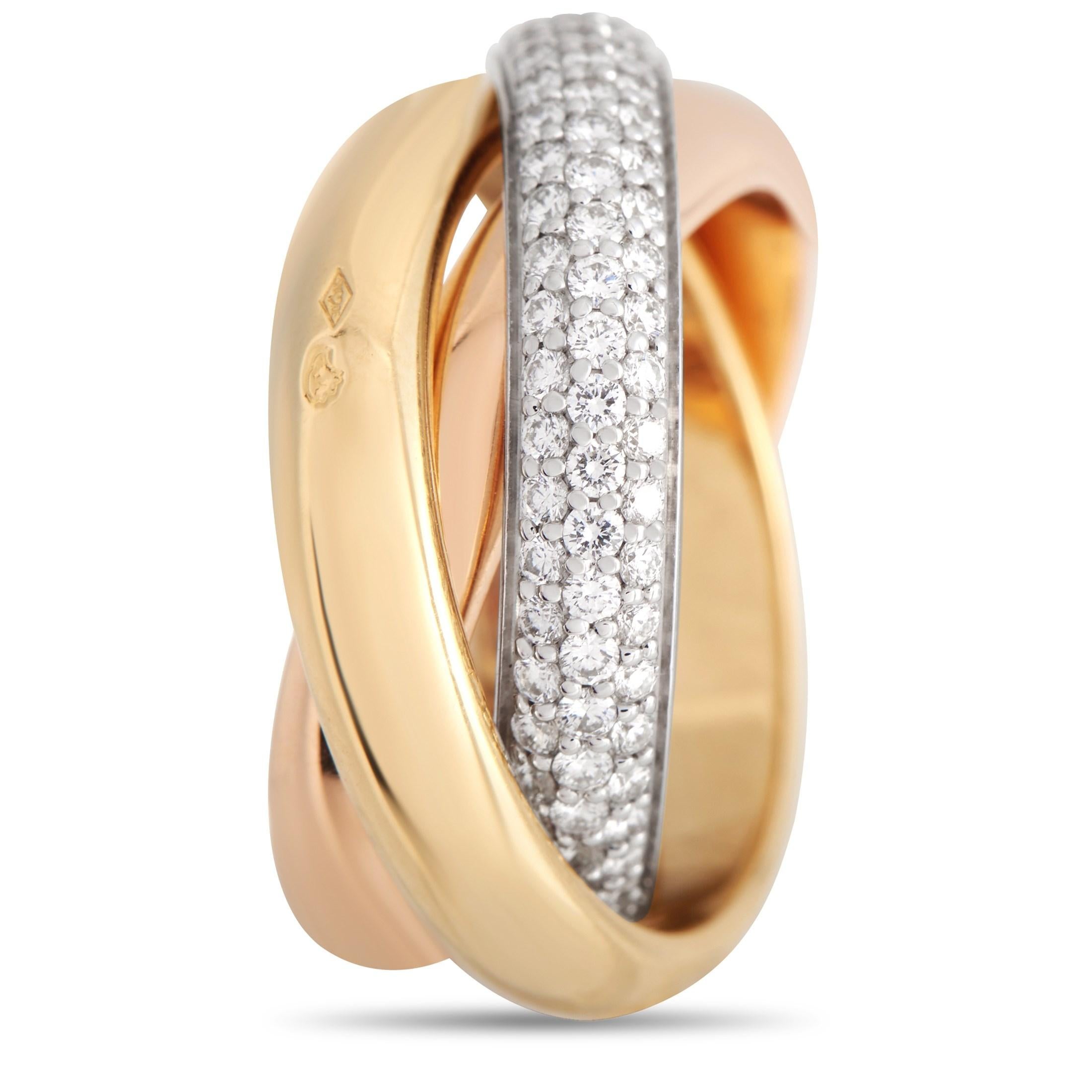 A dynamic design makes this Cartier Trinity ring a luxury piece that will never go out of style. The trio of interwoven bands made from 18K Rose Gold, 18K Yellow Gold, and 18K White Gold add color and dimension to this captivating piece of jewelry.