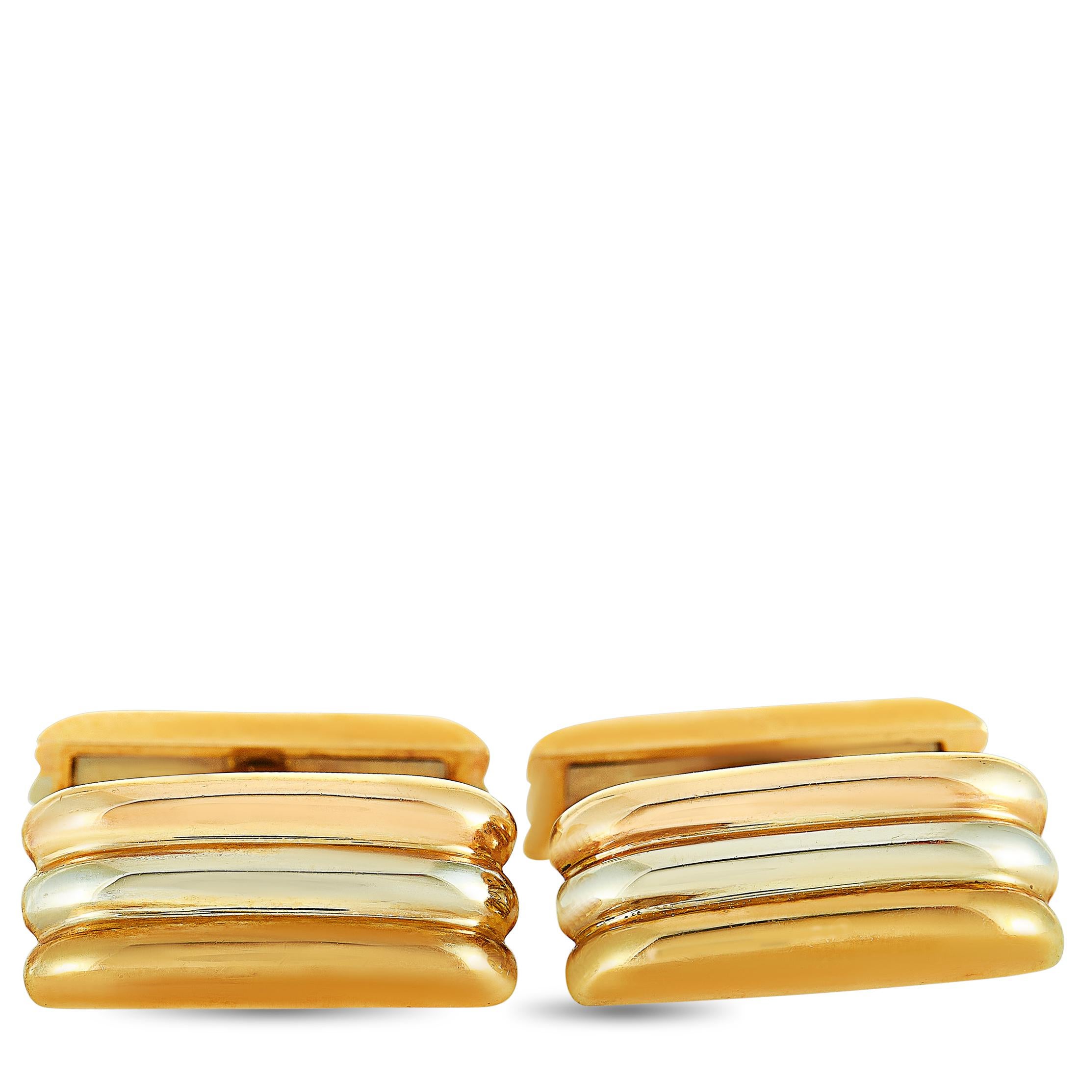 The Cartier “Tricolor” vintage cufflinks are made out of 18K yellow, white and rose gold and each of the two weighs 6.5 grams, measuring 0.62” in length and 0.25” in width.

The cufflinks are offered in estate condition and include the