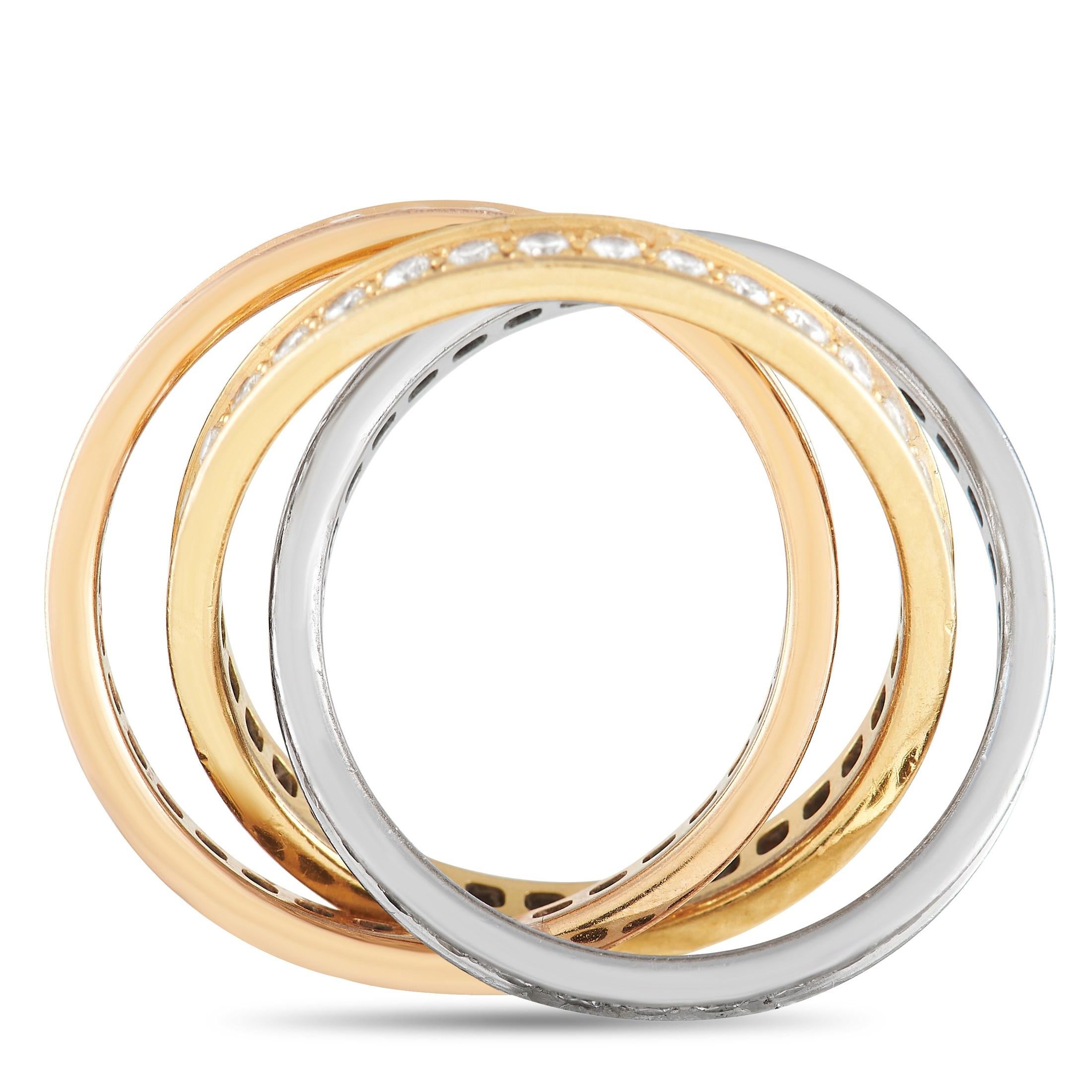 Just as its name suggests, this Cartier Trinity ring features a trio of interwoven bands made from 18K Yellow Gold, 18K White Gold, and 18K Rose Gold. Each band also features a series of sparkling inset diamonds for an added touch of luxury.