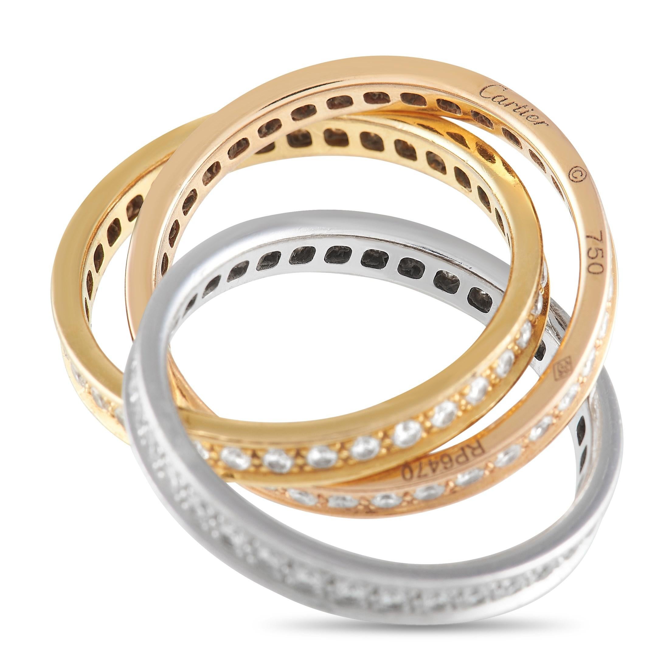 Round Cut Cartier Trinity 18K Yellow, White and Rose Gold Diamond Band Ring