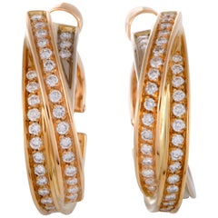 Cartier Trinity 18K Yellow White and Rose Gold Full Diamond Pave Hoop Earrings