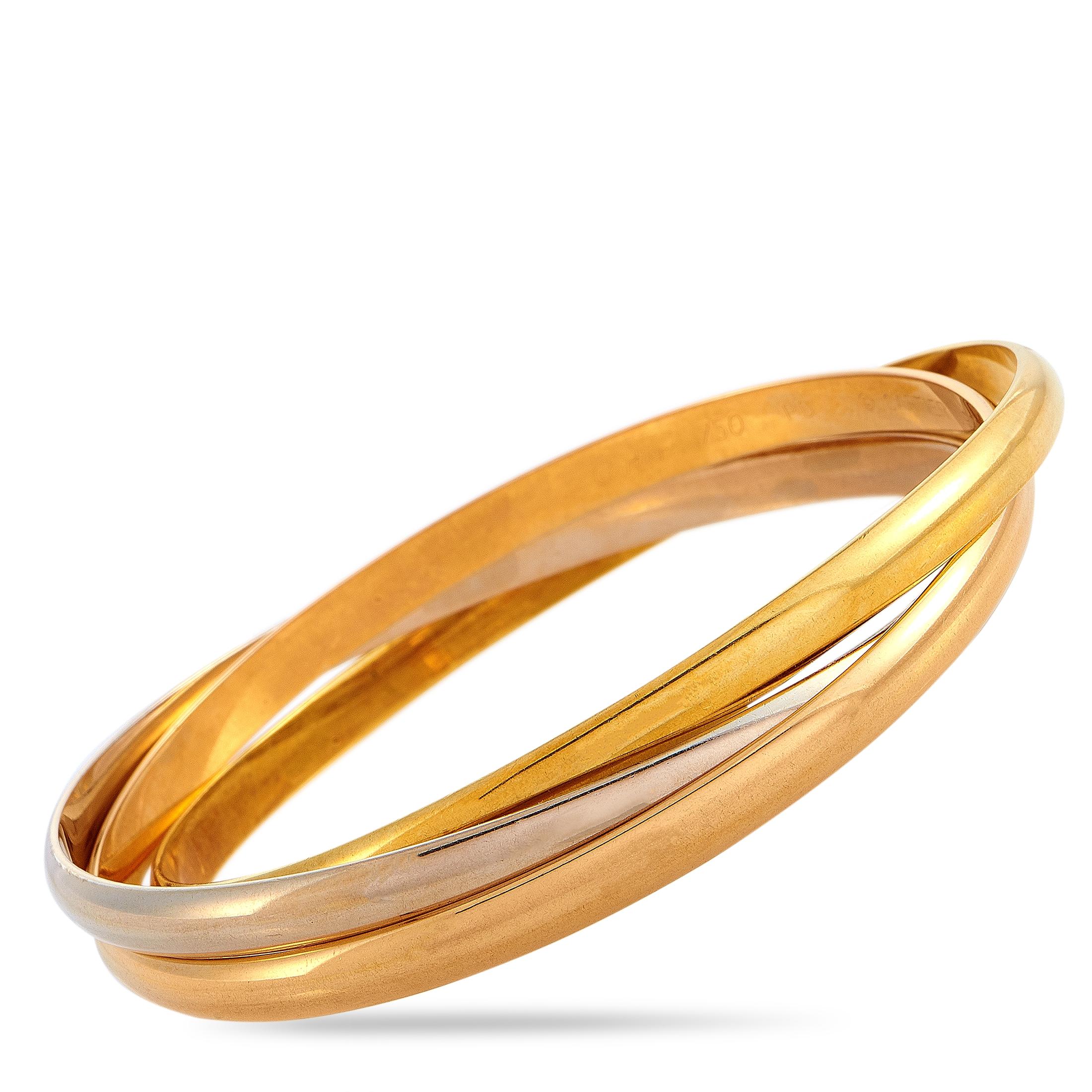 Women's Cartier Trinity 18 Karat Yellow, White and Rose Gold Rolling Bangle Bracelet