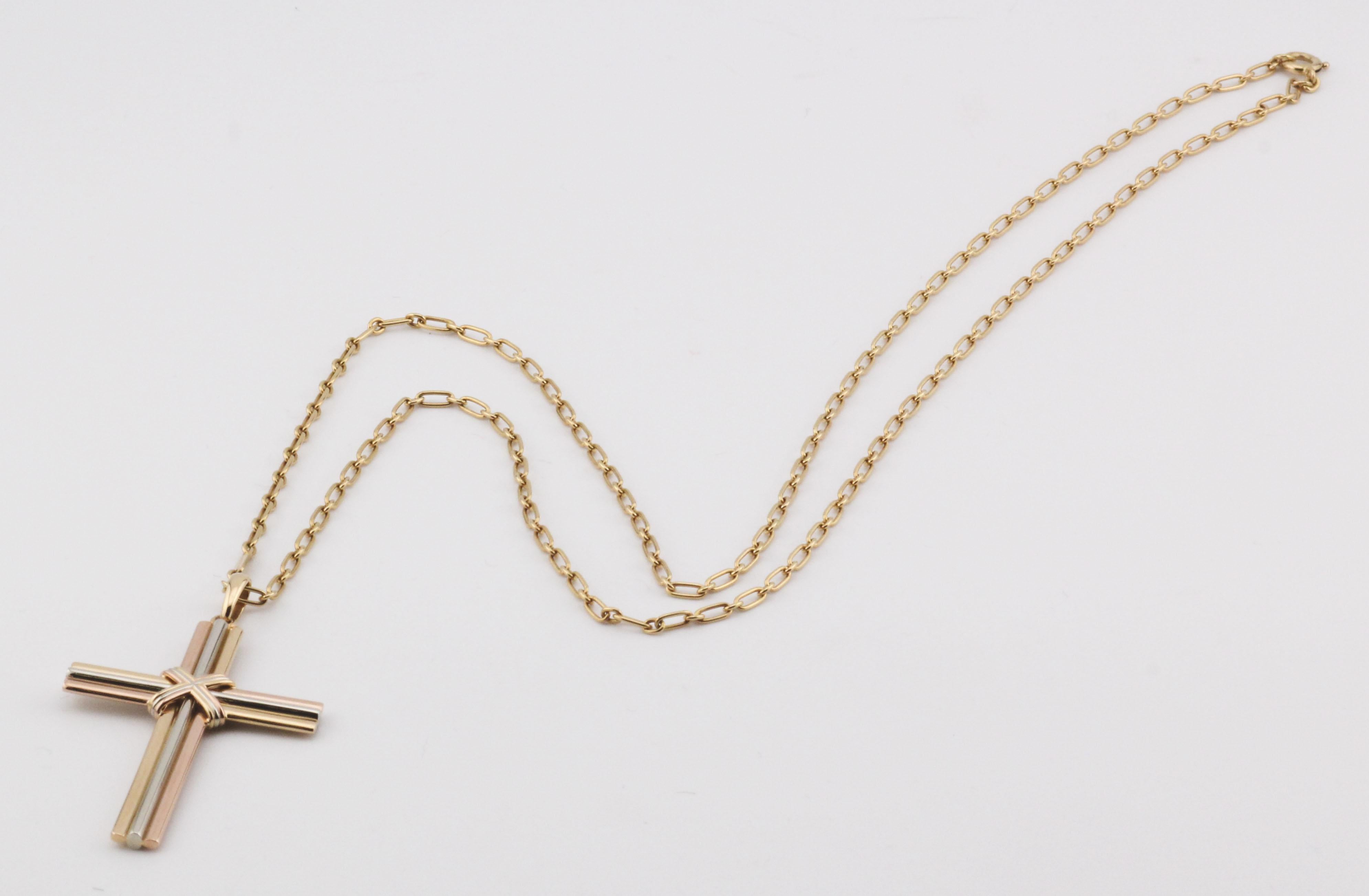 Cartier Trinity 18K Yellow White Pink Gold Cross Pendant Long Necklace In Good Condition For Sale In Simpsonville, SC