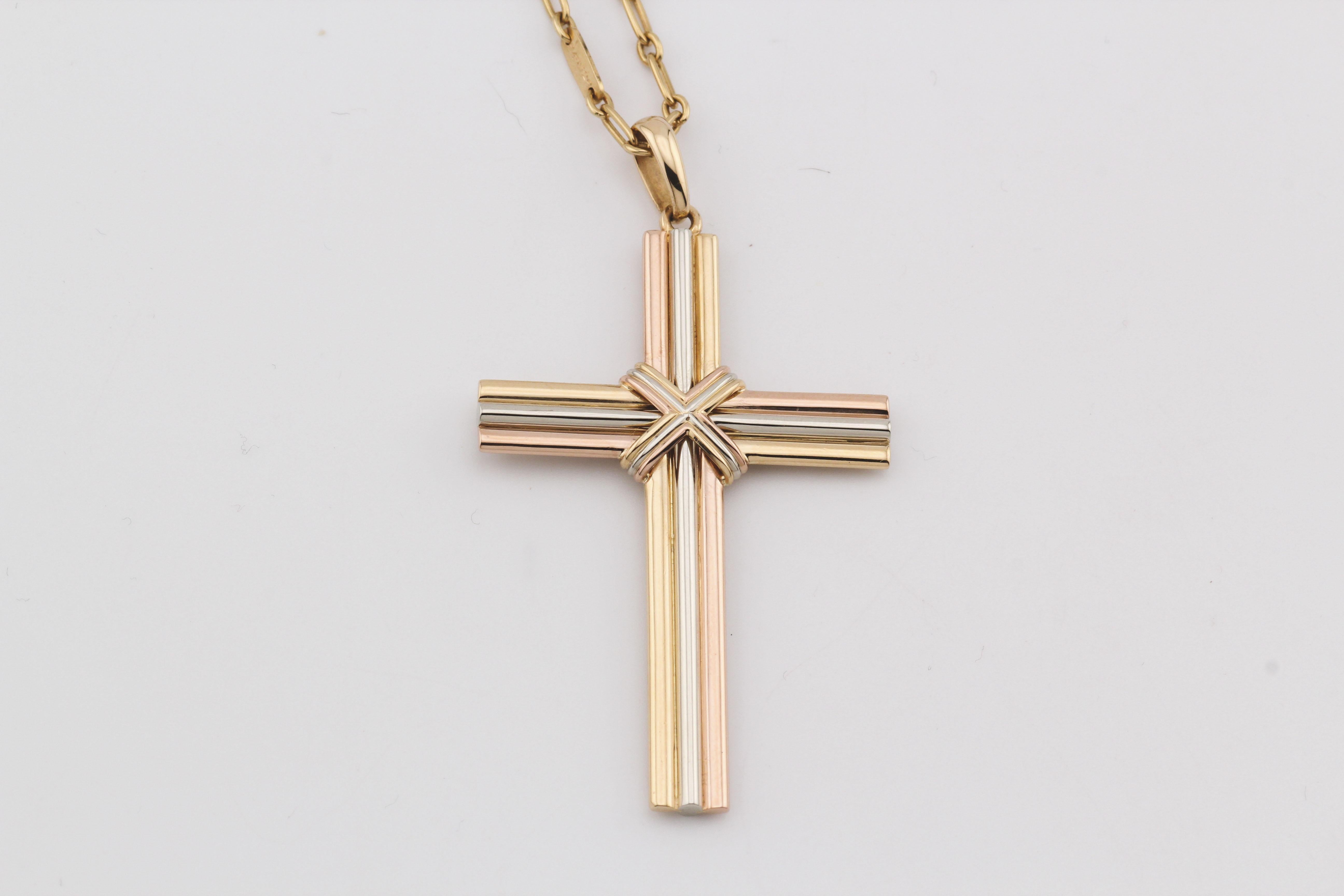 Women's or Men's Cartier Trinity 18K Yellow White Pink Gold Cross Pendant Long Necklace For Sale