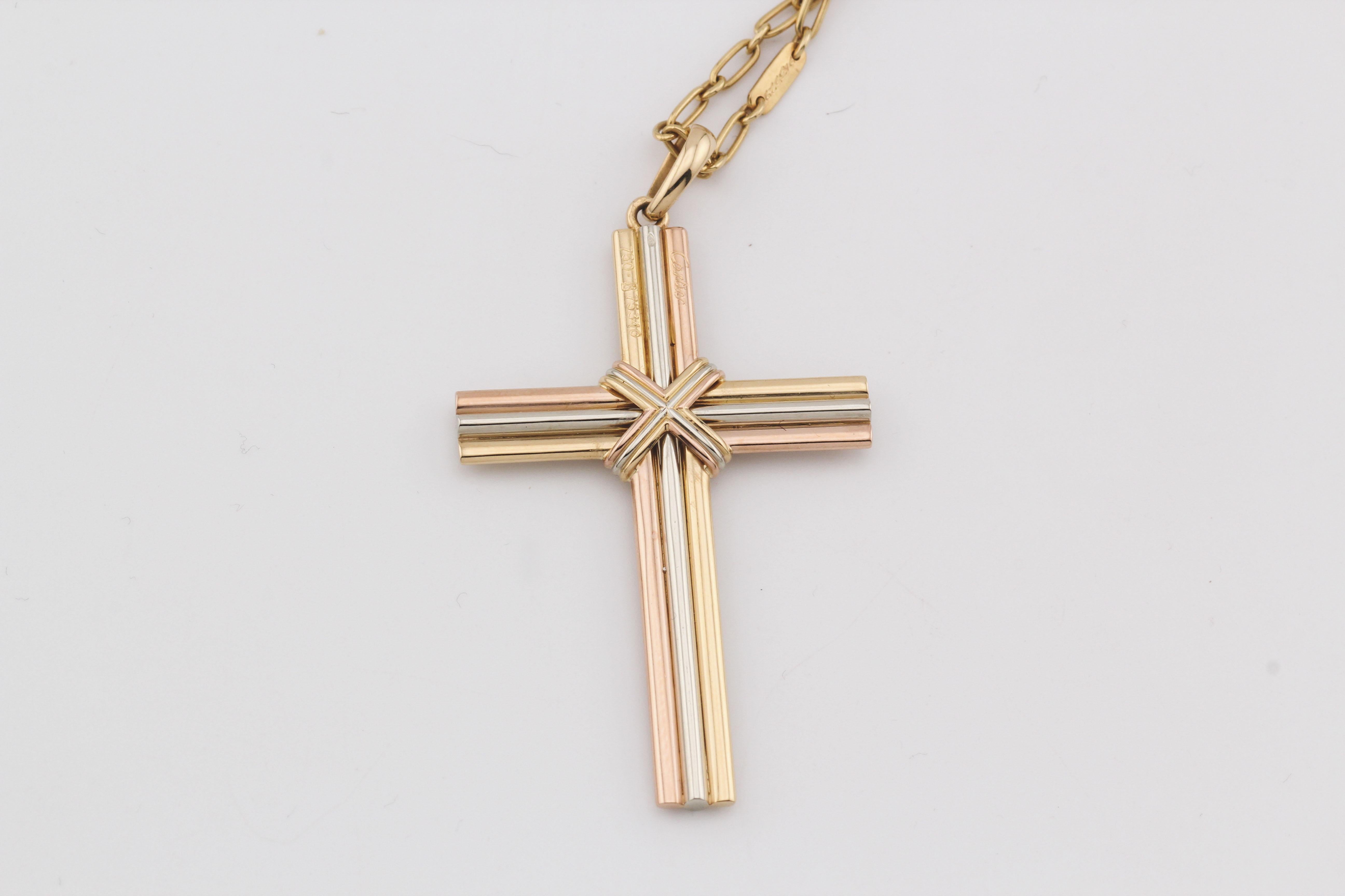 Cartier Trinity 18K Yellow White Pink Gold Cross Pendant Long Necklace For Sale 1